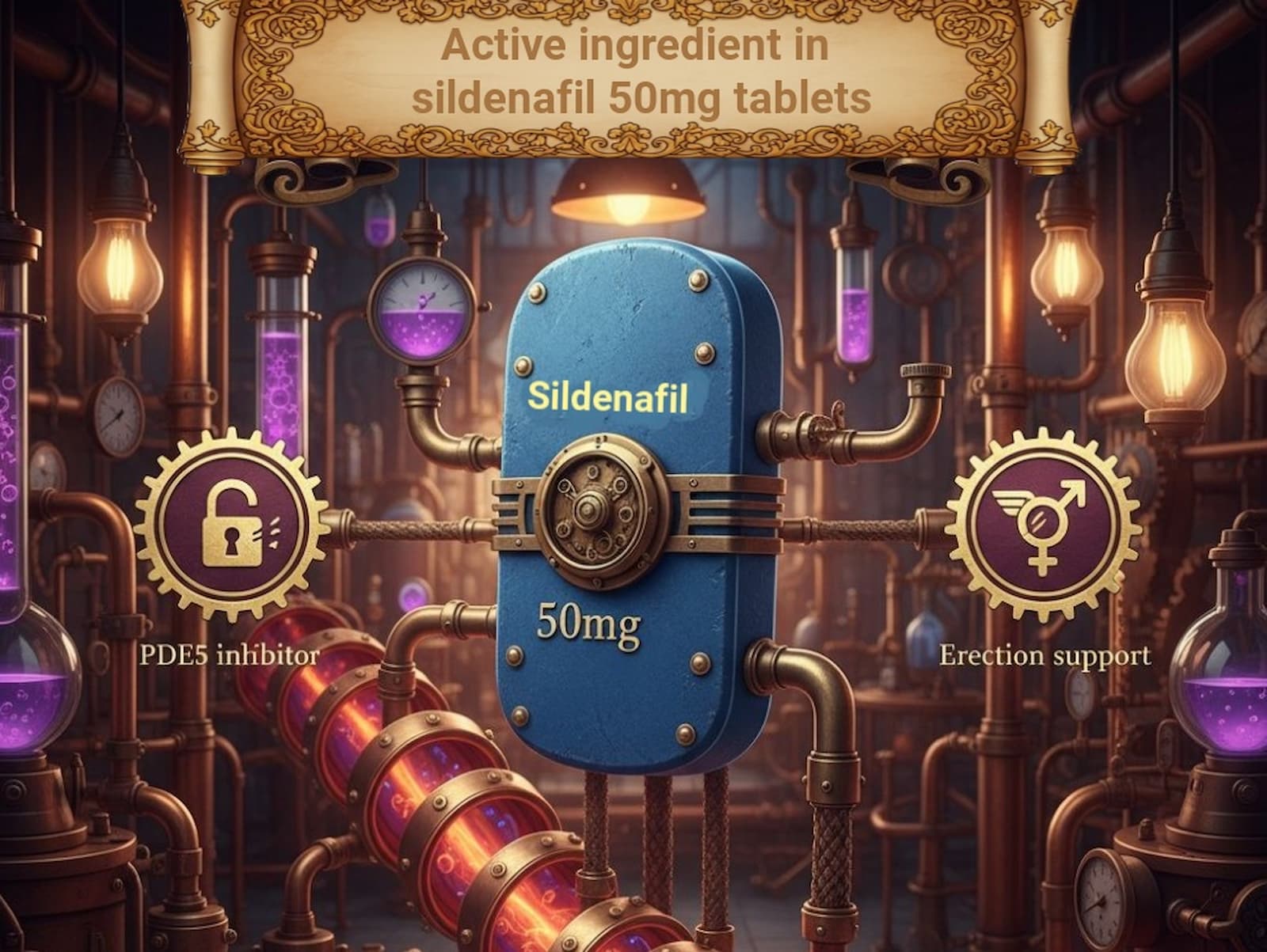 A large blue sildenafil 50mg tablet is displayed in a vintage laboratory setting, with icons illustrating its role as a PDE5 inhibitor and its benefit for erection support, featured by courierpharmacy.co.uk.