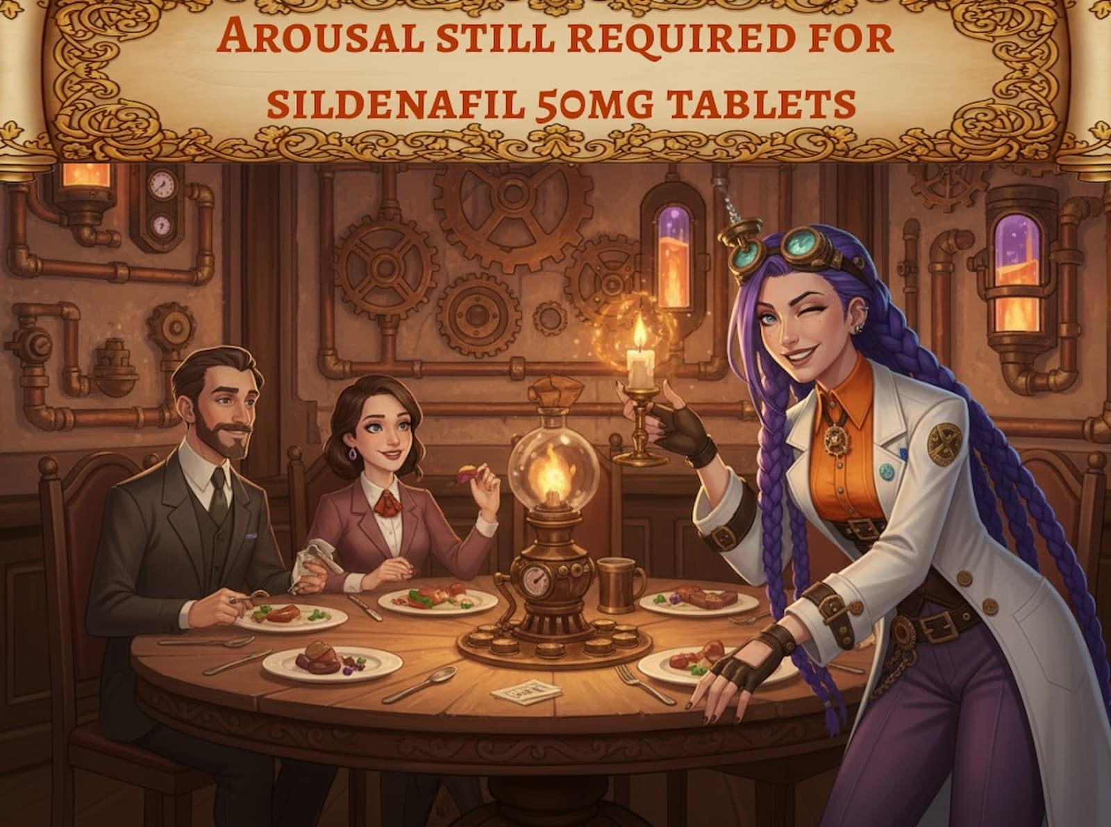 Dr. Rosalind Jex, brand ambassador for Courier Pharmacy, winks playfully in her steampunk laboratory while highlighting that arousal is still required for sildenafil 50mg tablets to work. Learn more at courierpharmacy.co.uk.