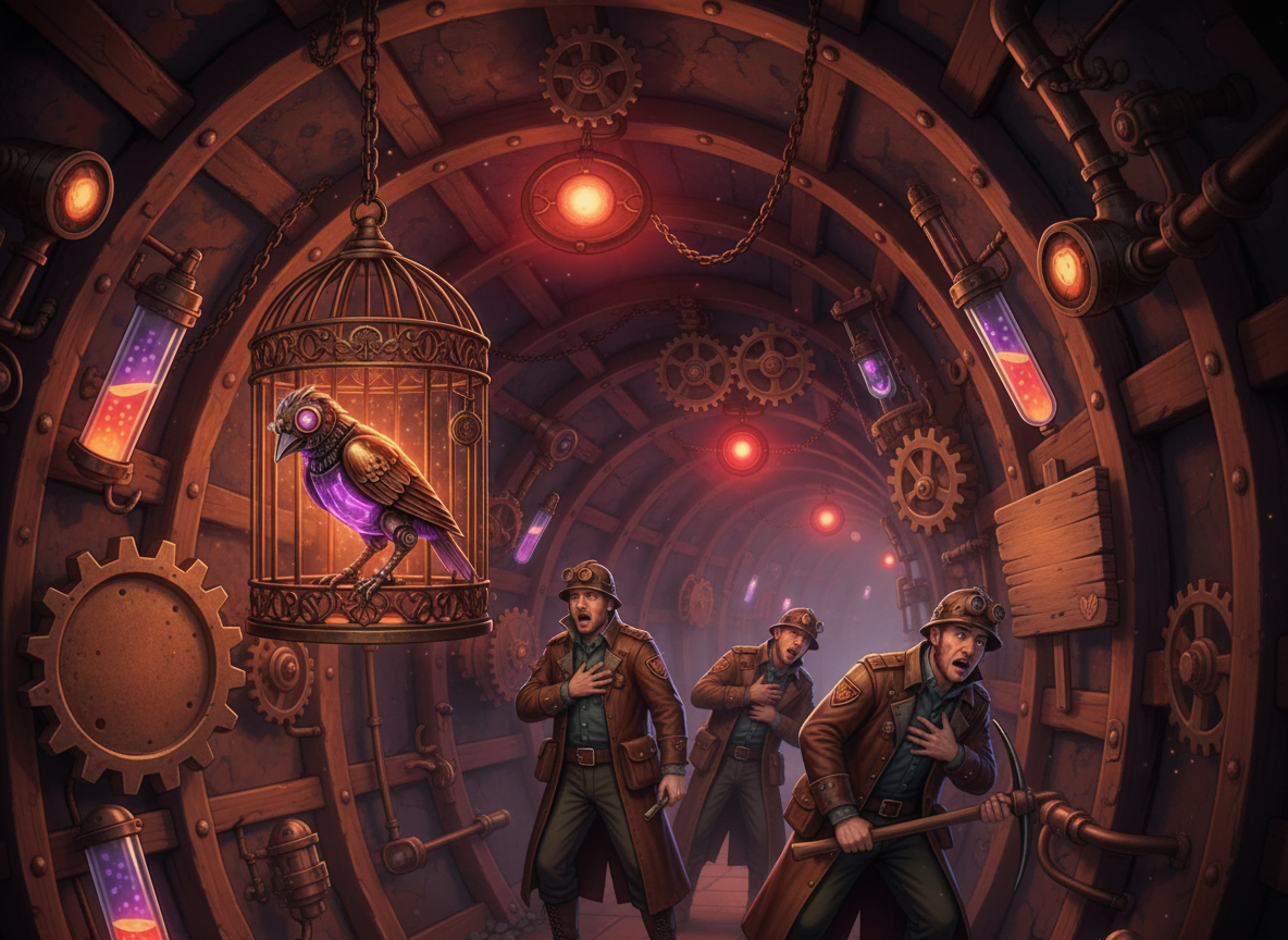 Cinematic steampunk mineshaft scene with a mechanical canary in a brass cage and miners reacting to warning lights and heart symbols, illustrating erectile dysfunction as an early warning sign for cardiovascular health, alongside tadalafil 5mg tablets information on courierpharmacy.co.uk.