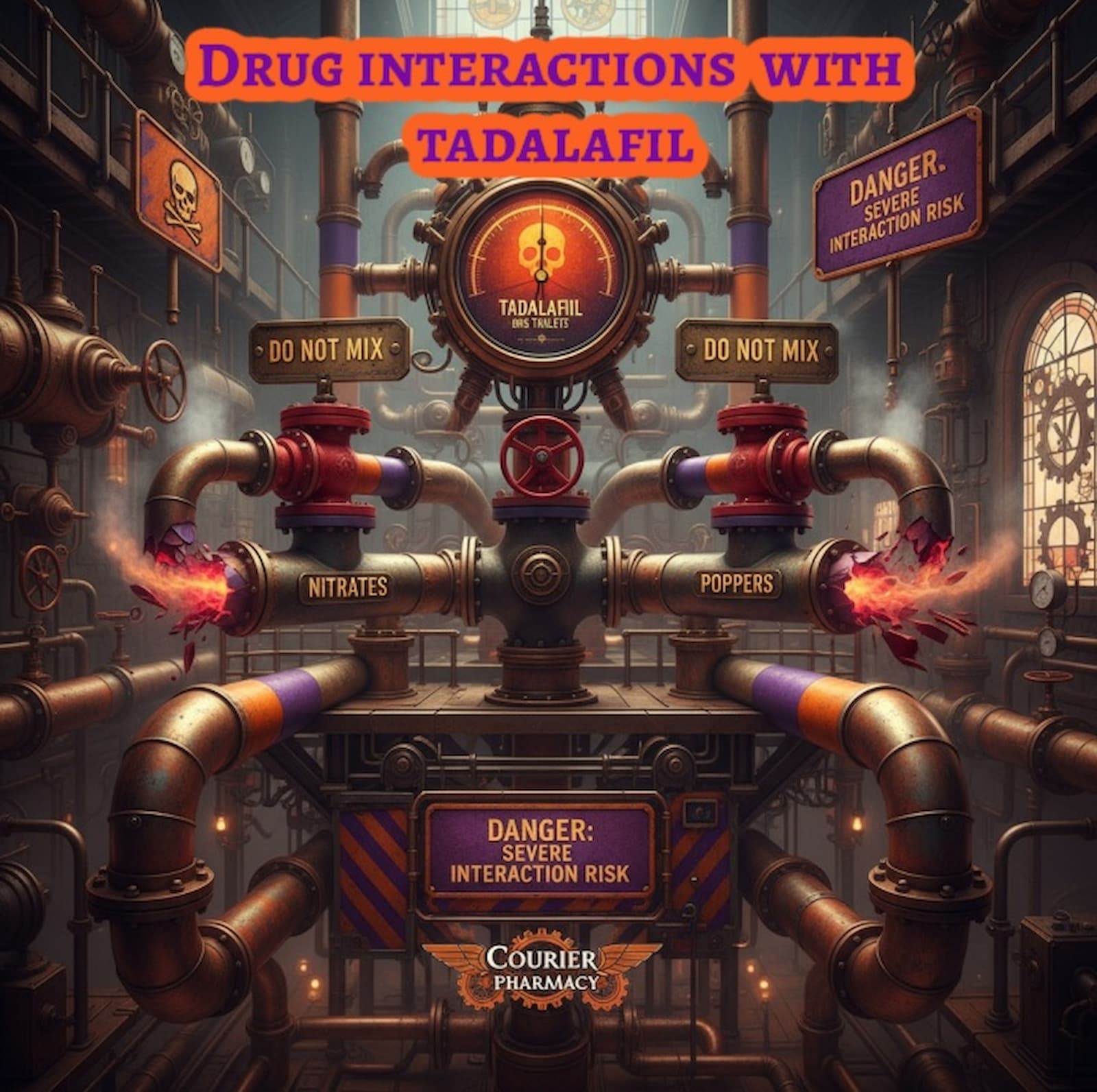 Steampunk-style industrial pipes labelled “Nitrates” and “Poppers” with warning signs reading “Do Not Mix” and “Danger: Severe Interaction Risk,” illustrating drug interactions with Tadalafil. For more information visit courierpharmacy.co.uk.