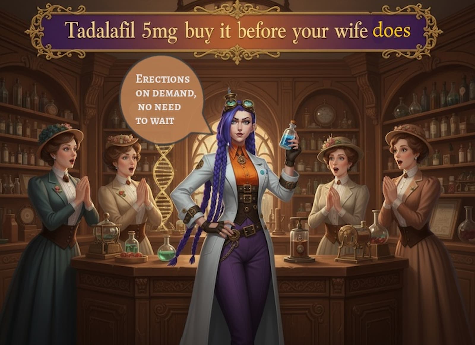 Victorian-era pharmacy scene with a confident female pharmacist holding a blue potion, surrounded by four surprised women, with the headline “Tadalafil 5mg buy it before your wife does” and a speech bubble reading “Erections on demand, no need to wait.” For more information visit courierpharmacy.co.uk.