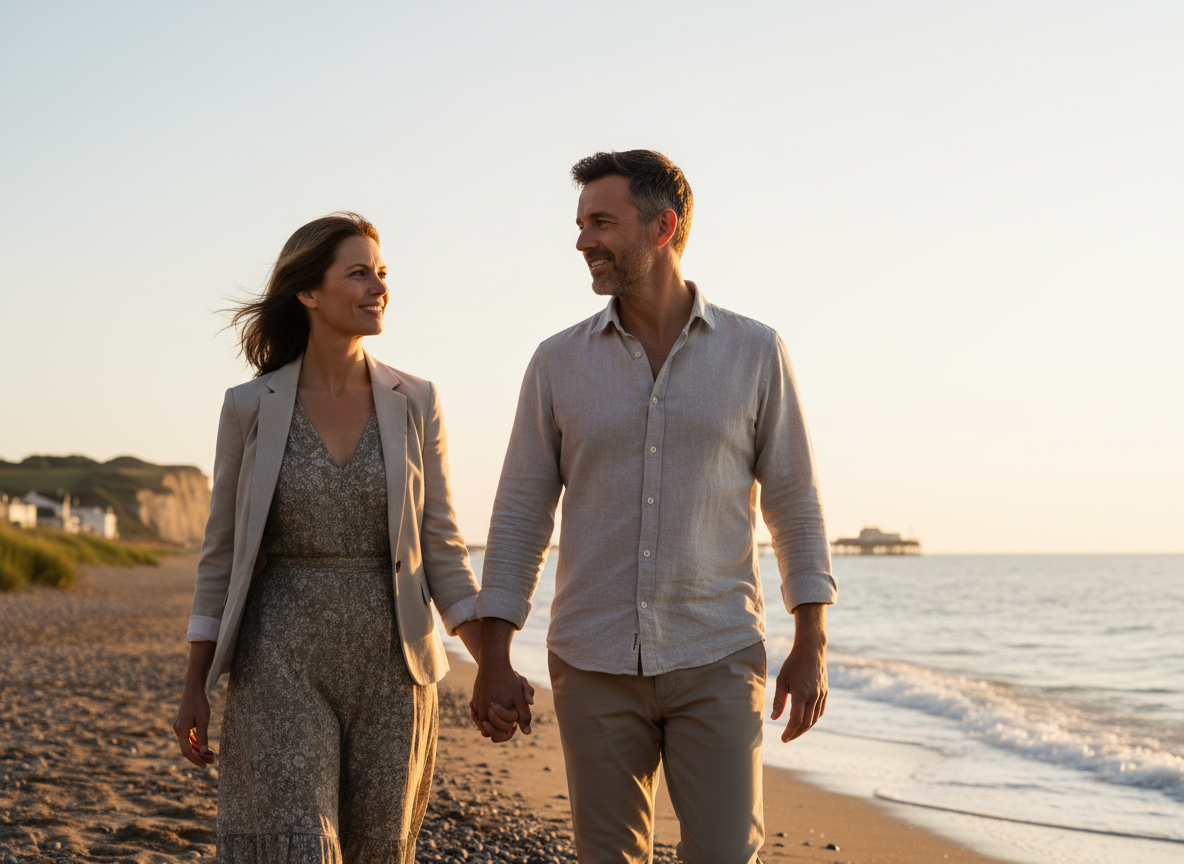 Adult couple walking hand in hand along a beach at sunset, showing confidence restored and relationship wellbeing while using tadalafil 5mg tablets from courierpharmacy.co.uk.