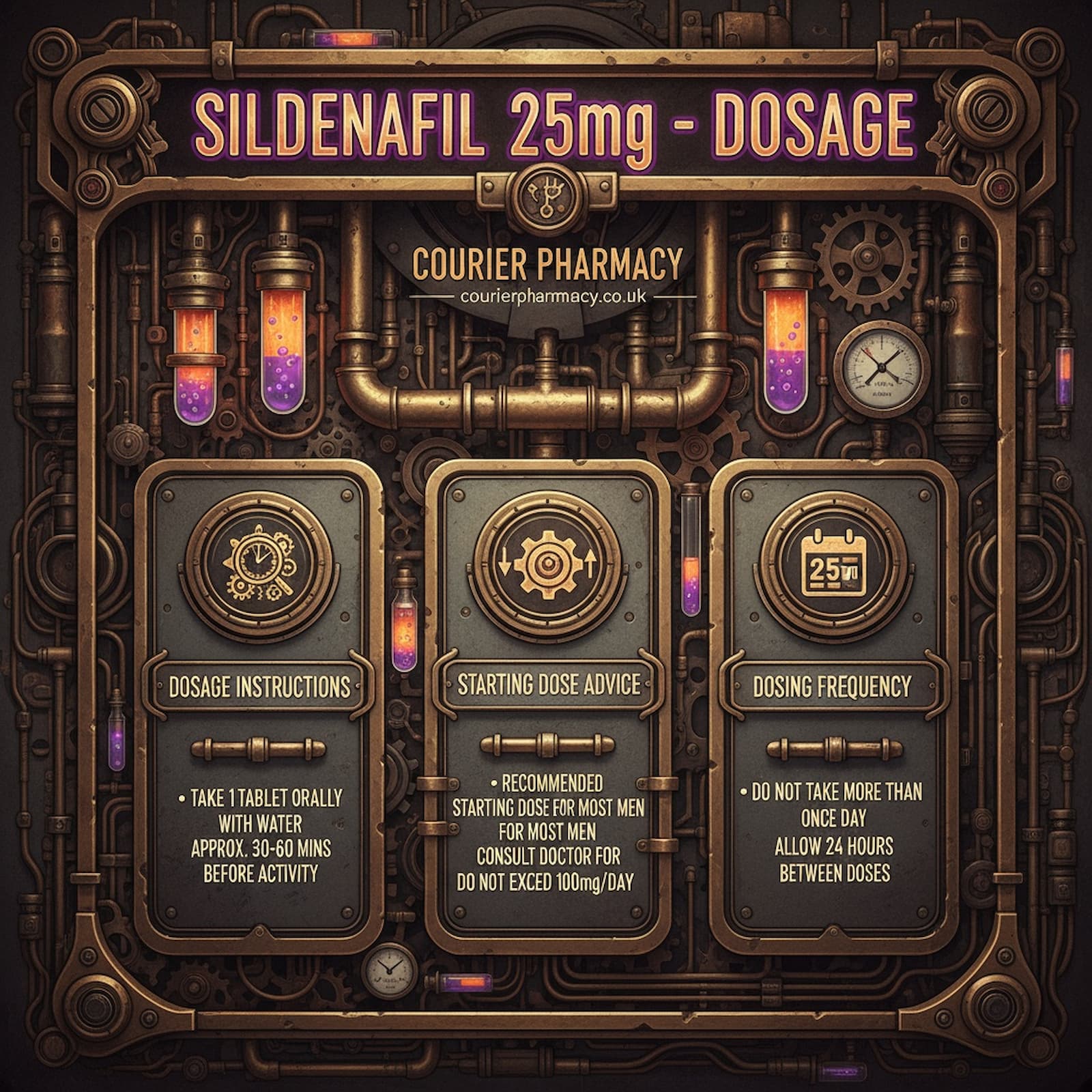 Infographic from courierpharmacy.co.uk detailing sildenafil 25mg dosage instructions, starting dose advice, and dosing frequency in a steampunk-inspired design.