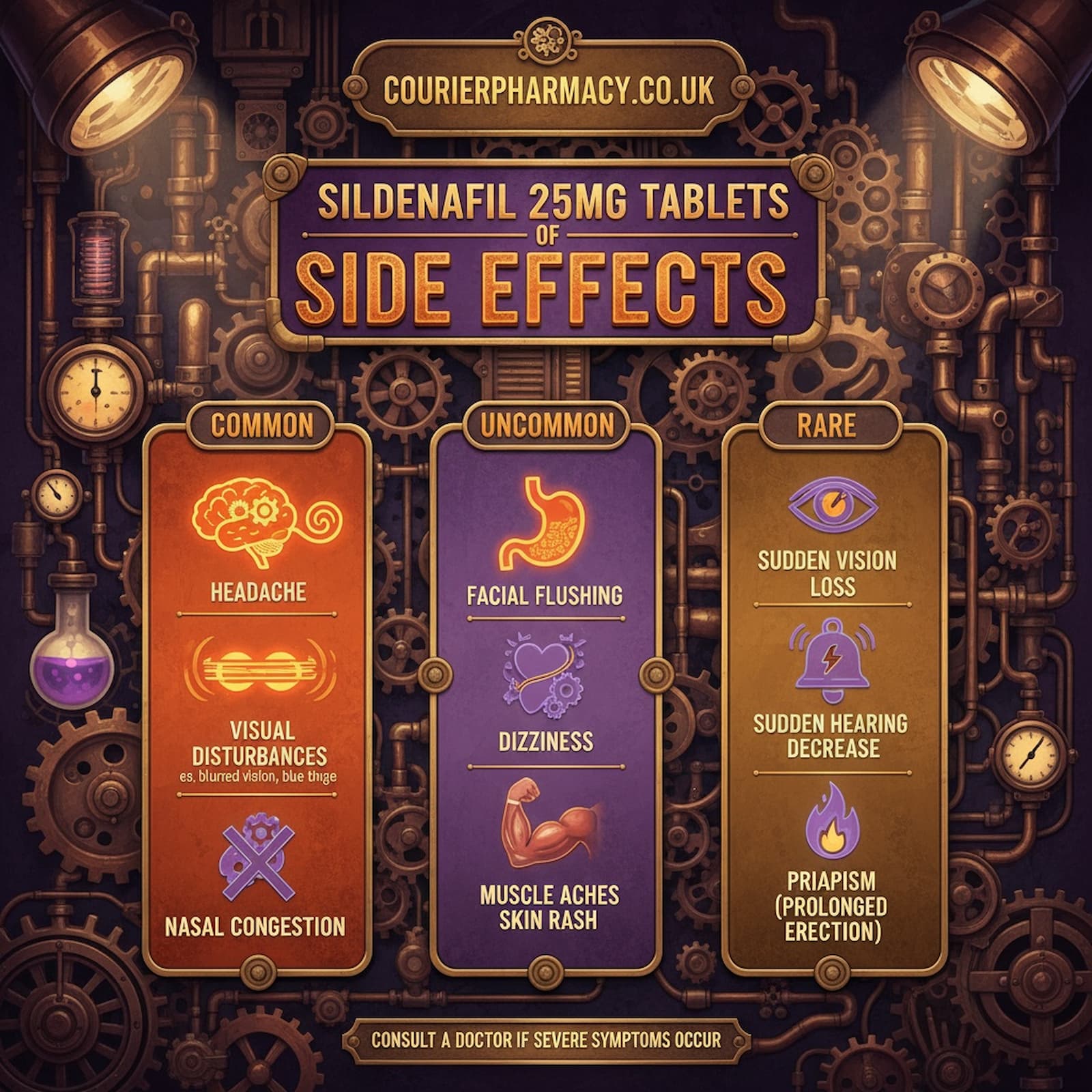 Infographic from courierpharmacy.co.uk showing common, uncommon, and rare side effects of sildenafil 25mg tablets, including headache, visual disturbances, facial flushing, and more, with advice to consult a doctor if severe symptoms occur.