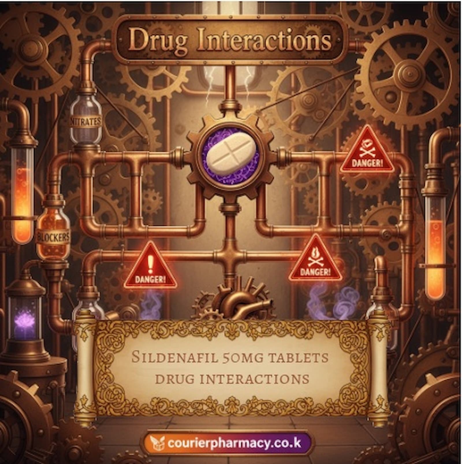 A detailed steampunk laboratory illustration showing a central sildenafil 50mg tablet connected by pipes to bottles labelled “Nitrates” and “Blockers,” with red danger signs highlighting serious drug interactions, as explained by courierpharmacy.co.uk.