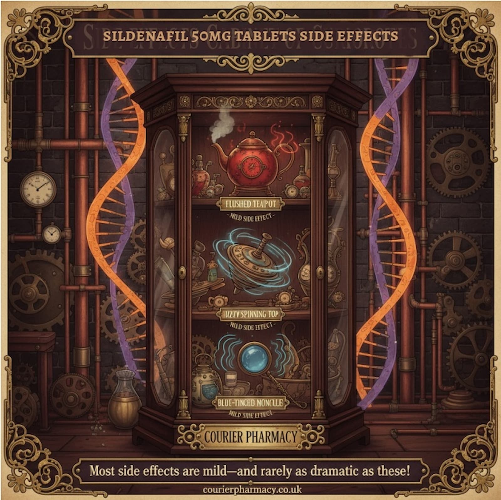 A whimsical steampunk cabinet displays visual metaphors for sildenafil 50mg tablet side effects, including a flushed teapot, dizzy spinning top, and blue-tinted monocle—information from courierpharmacy.co.uk.