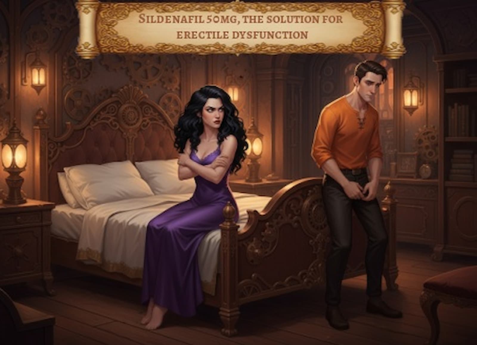 A man and woman sit apart in a vintage bedroom, looking frustrated and distant, illustrating the emotional impact of erectile dysfunction and the potential solution offered by sildenafil 50mg tablets from courierpharmacy.co.uk.