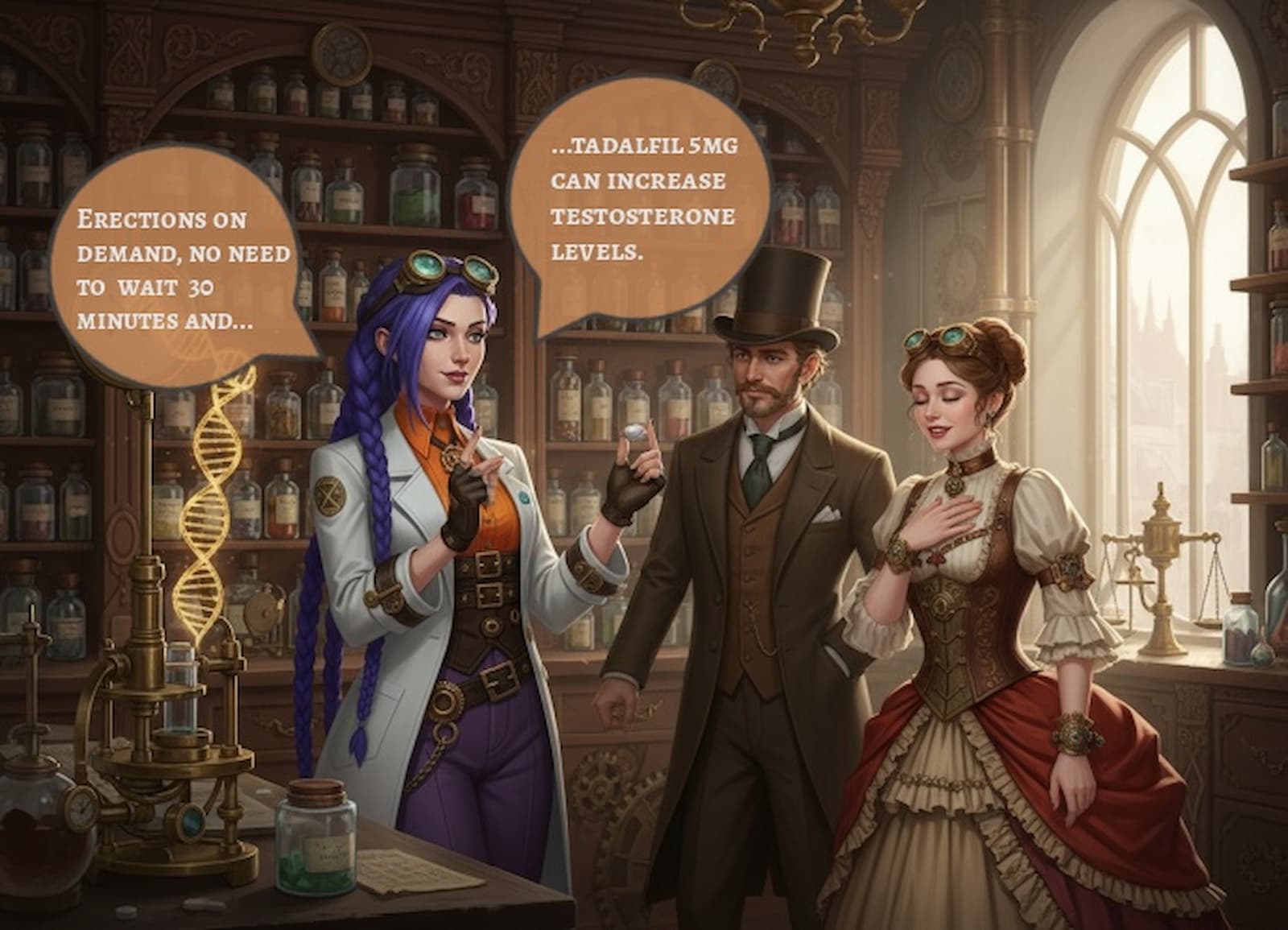 Dr. Rosalind Jex, the brand ambassador for Courier Pharmacy, stands confidently in her steampunk laboratory holding a vial. She is joined by a gentleman in a top hat and a lady in Victorian attire. Speech bubbles highlight Tadalafil 5mg’s benefits: erections on demand and increased testosterone levels. For more details visit courierpharmacy.co.uk.
