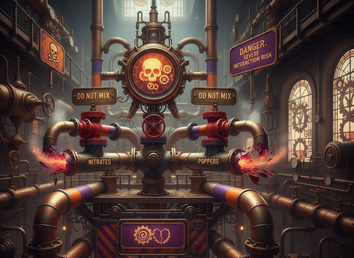 Cinematic steampunk pipework and valves with warning symbols and blocked flow, illustrating dangerous drug interactions to avoid when using tadalafil 5mg tablets from courierpharmacy.co.uk.