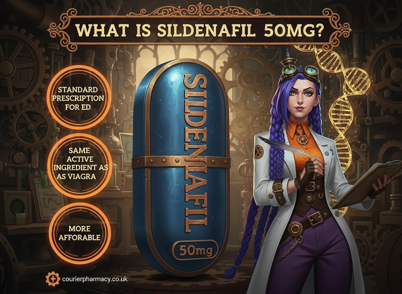 Dr. Rosalind Jex, Courier Pharmacy’s brand ambassador, stands confidently in her steampunk laboratory beside a large blue sildenafil 50mg tablet, highlighting standard prescription treatment for erectile dysfunction at courierpharmacy.co.uk.