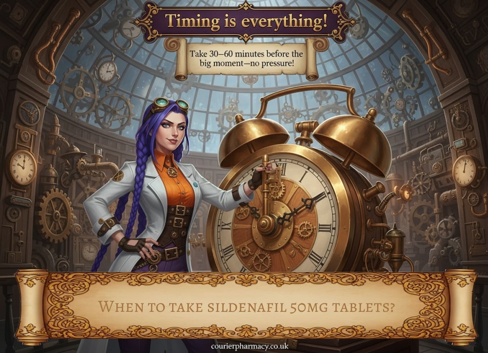 Dr. Rosalind Jex stands in a steampunk laboratory next to a giant golden clock, highlighting the importance of timing when taking sildenafil 50mg tablets—advice from courierpharmacy.co.uk.