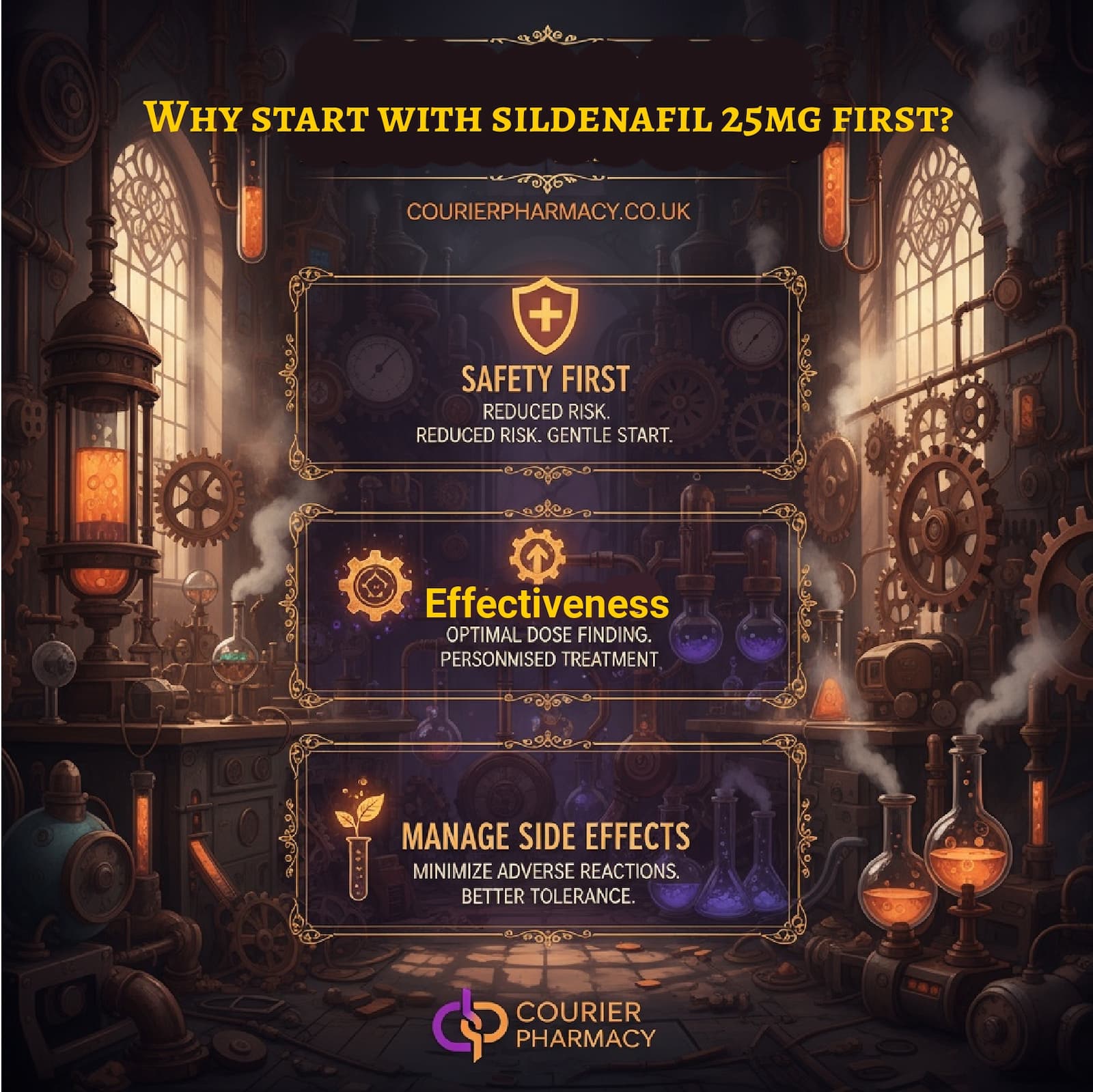 Infographic from courierpharmacy.co.uk explaining why it’s best to start with sildenafil 25mg tablets, showing the benefits of safety, effectiveness, and side effect management in a steampunk-inspired laboratory setting.
