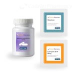 Product image showing a white bottle of Naltrexone hydrochloride capsules and two oral buccal film sachets—one for Melatonin and one for Coenzyme Q10 50mg—branded for Courier Pharmacy and APC Labs, designed for 3R CFS treatplan for ME/CFS management. Exclusive to courierpharmacy.co.uk