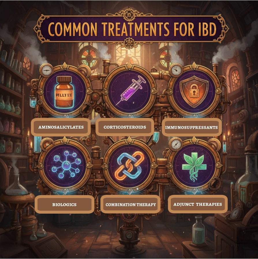 A steampunk laboratory-themed infographic showing common treatments for inflammatory bowel disease (IBD) with six icons representing aminosalicylates, corticosteroids, immunosuppressants, biologics, combination therapy, and adjunct therapies. Image by courierpharmacy.co.uk.