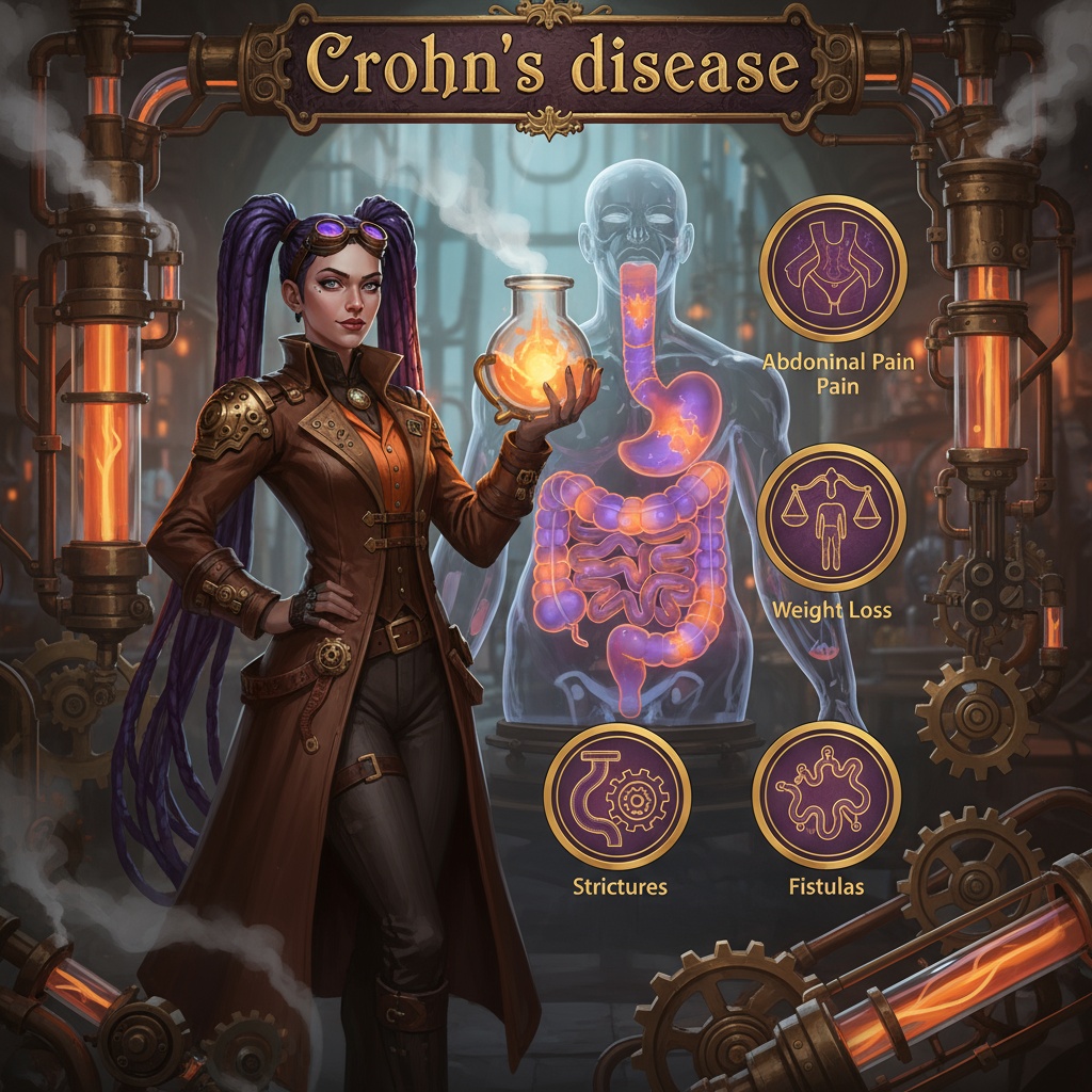 A female pharmacist in a Victorian-inspired leather coat stands next to a translucent human figure showing the digestive tract with highlighted inflammation areas typical of Crohn’s disease. Icons represent symptoms and complications including abdominal pain, weight loss, strictures, and fistulas. Image by courierpharmacy.co.uk.