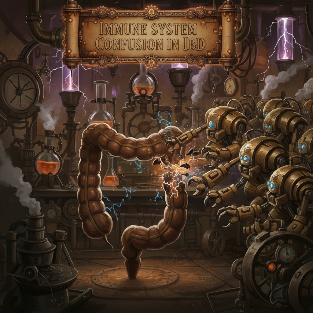 A steampunk laboratory scene showing robotic arms attacking a stylised human colon, representing immune system confusion in inflammatory bowel disease (IBD). The background features gears, pipes, and electrical effects. Image by courierpharmacy.co.uk.