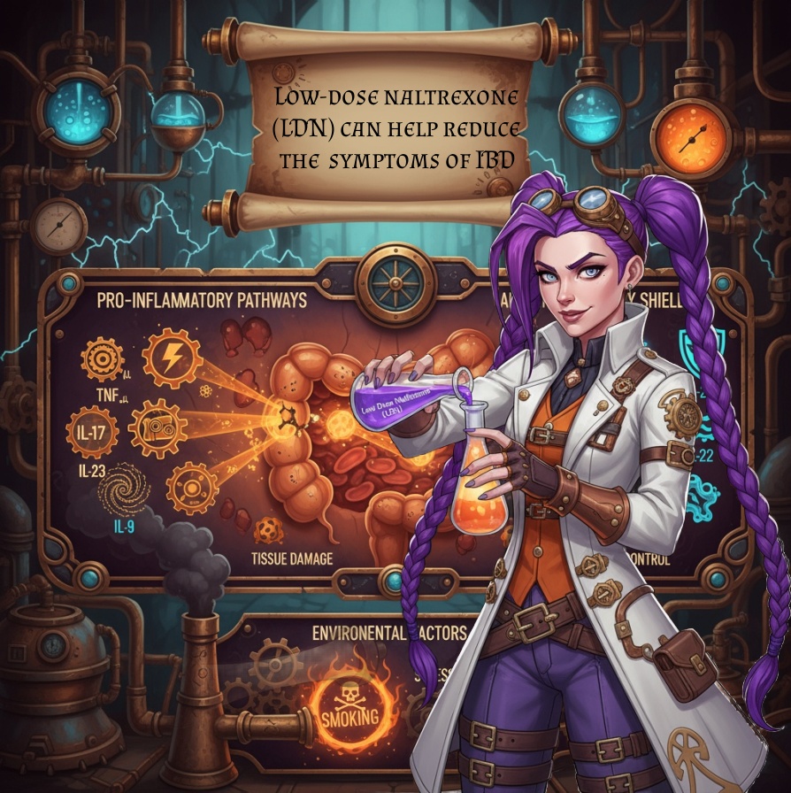 A female pharmacist in a Victorian-style lab coat pours liquid into a flask beside a steampunk machine displaying a glowing vial labelled “LDN.” Surrounding icons highlight the benefits of low-dose naltrexone for IBD: reduced gut inflammation, healing ulcers, improved quality of life, and good safety profile. Image by courierpharmacy.co.uk.