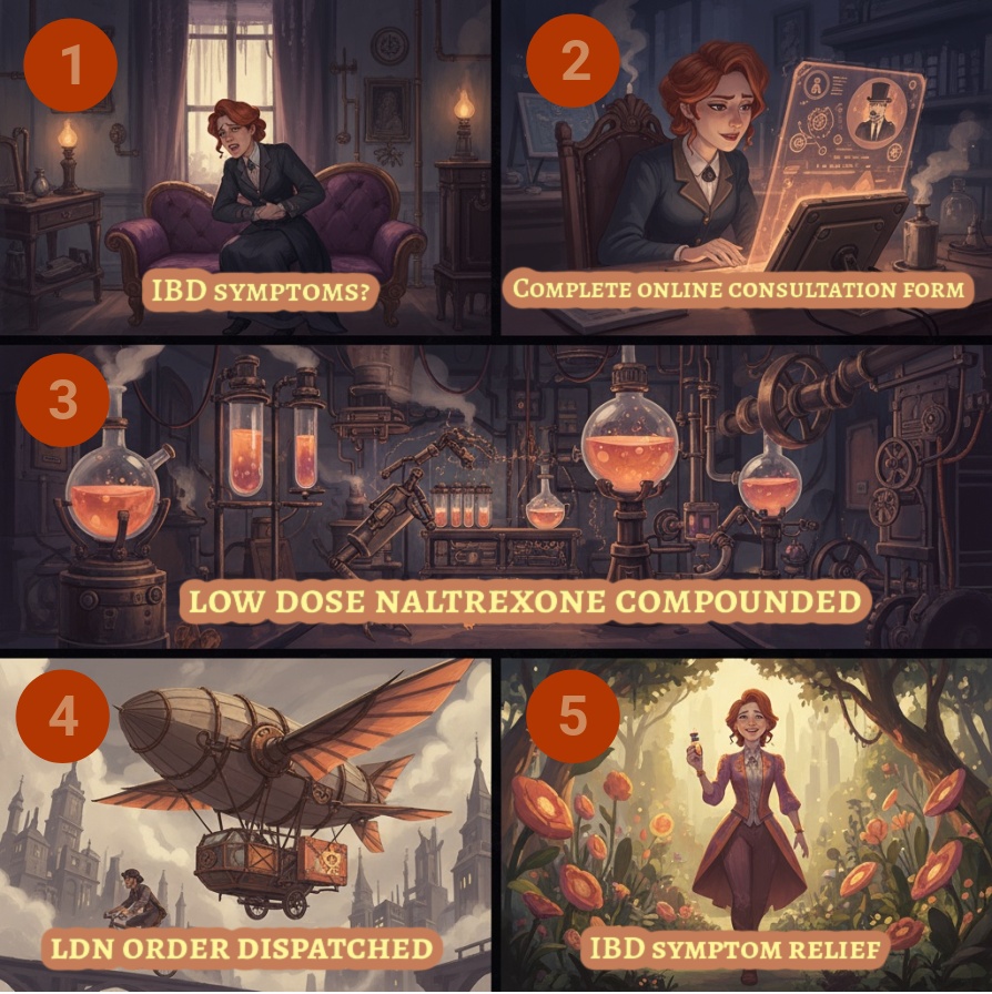 A five-panel infographic showing the process of ordering low-dose naltrexone (LDN) for IBD through courierpharmacy.co.uk: a woman with IBD symptoms, completing an online consultation, LDN being compounded in a lab, the medicine dispatched by airship, and the woman smiling with symptom relief in a sunny park.