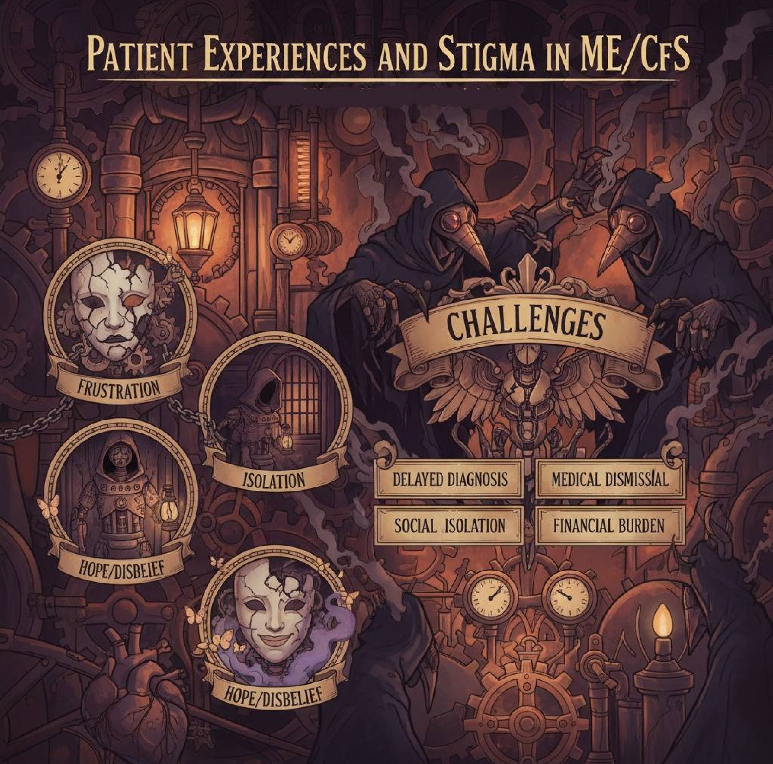Steampunk-style illustration showing patient experiences and stigma in ME/CFS, featuring symbolic masks for frustration, isolation, and hope/disbelief, alongside challenges like delayed diagnosis, medical dismissal, social isolation, and financial burden.