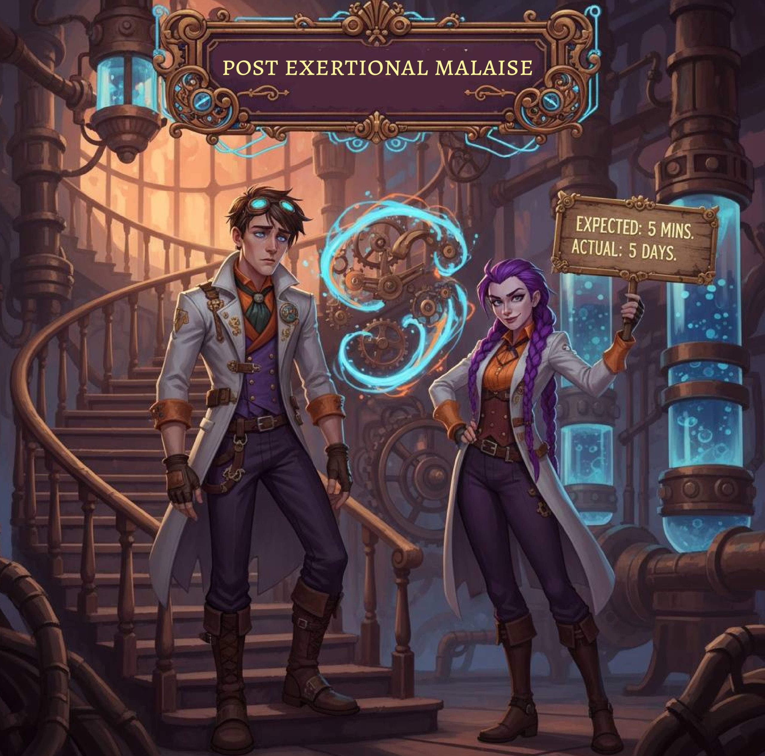 Dr. Rosalind Jex, brand ambassador for courierpharmacy.co.uk, stands in her steampunk laboratory in Etherwell, illustrating post-exertional malaise—the hallmark symptom of ME/CFS, where a brief activity leads to days of exhaustion.
