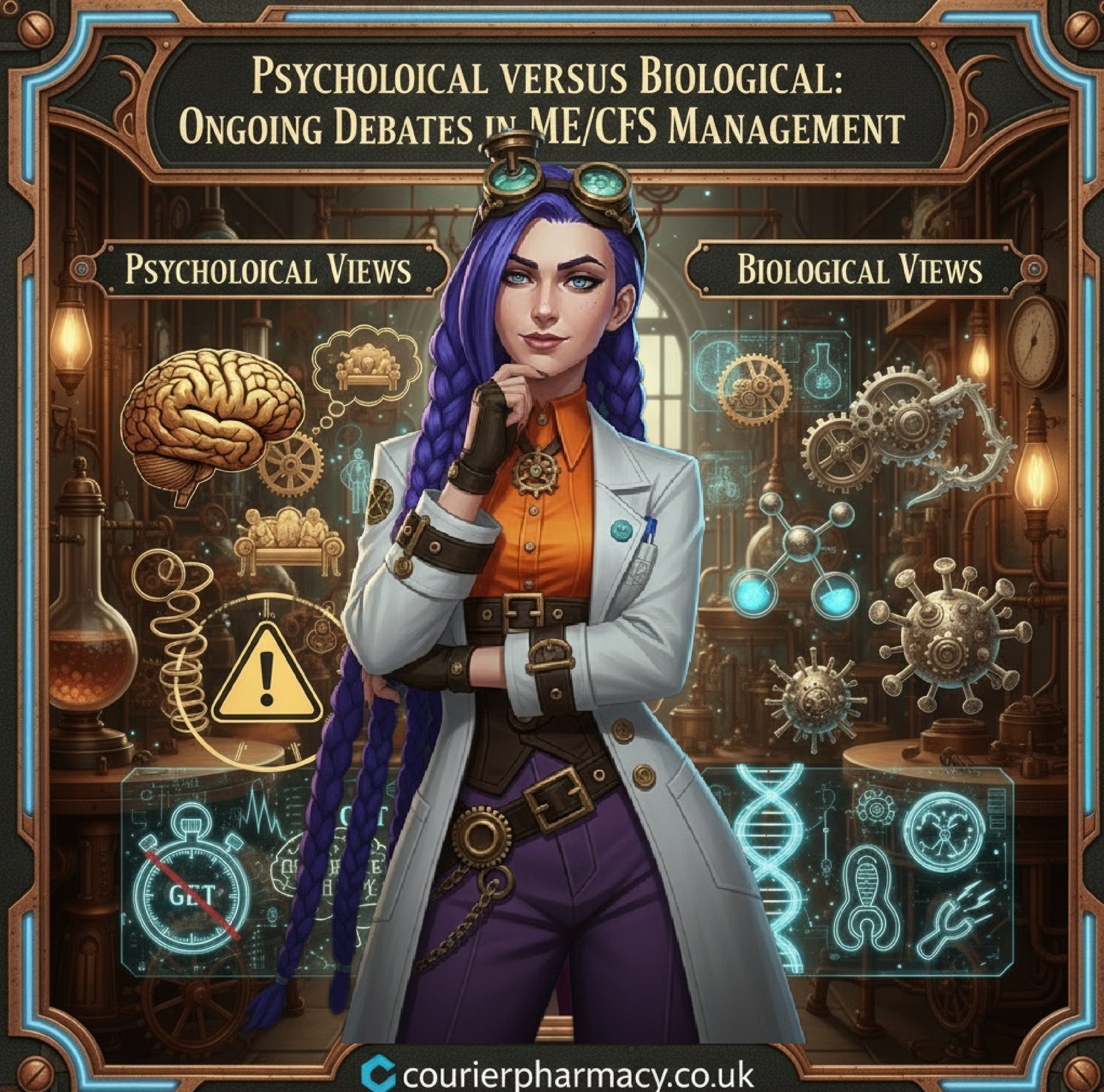 Dr. Rosalind Jex stands thoughtfully in her steampunk laboratory, surrounded by symbolic icons representing the psychological and biological debates in ME/CFS management, with detailed gears, DNA strands, brain imagery, and virus particles na infographic by courierpharmacy.co.uk
