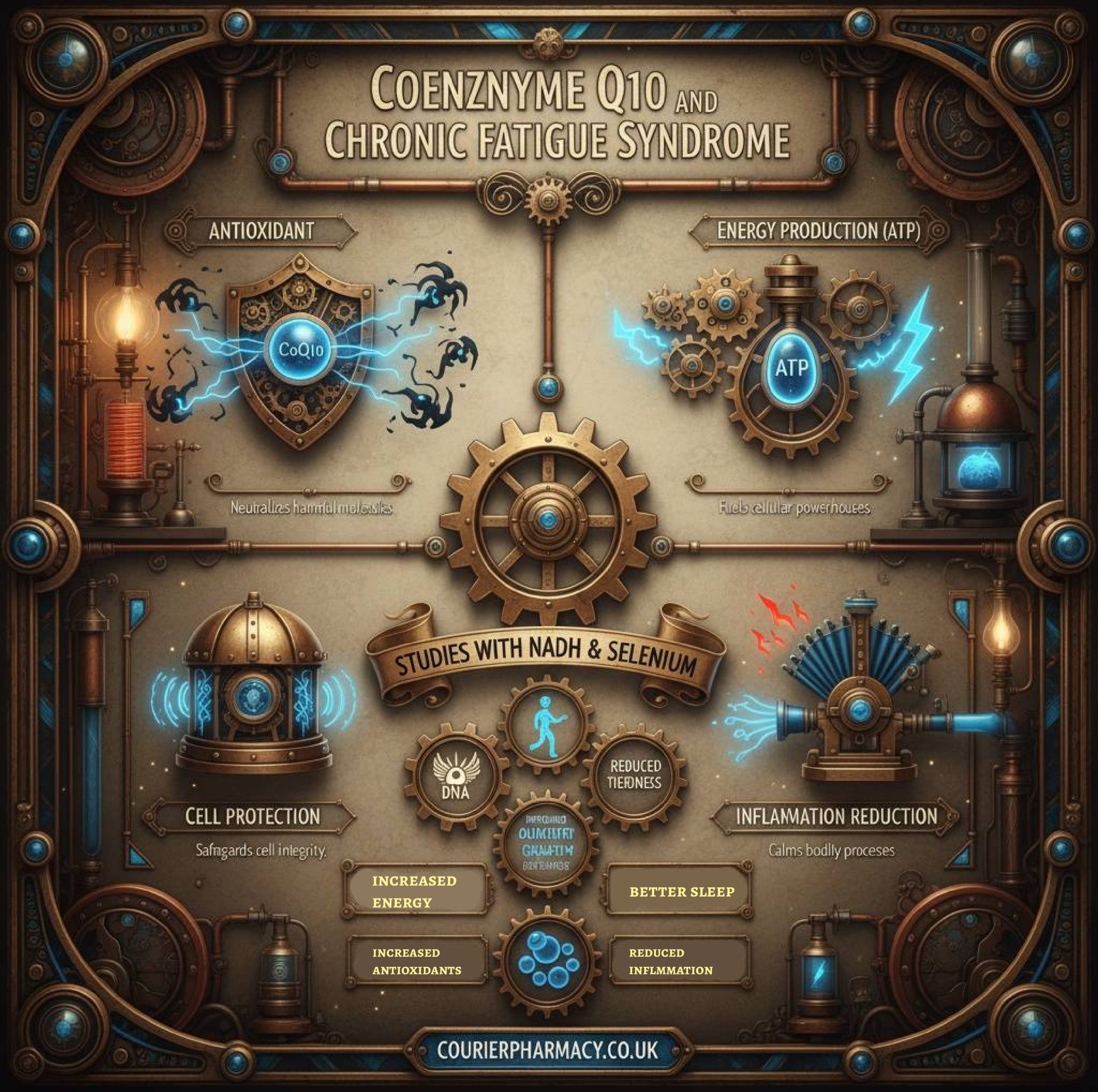 Steampunk-style infographic illustrating the role of Coenzyme Q10 in chronic fatigue syndrome, highlighting its antioxidant properties, energy production (ATP), cell protection, and inflammation reduction. It also shows benefits from studies combining NADH and selenium, including increased energy, better sleep, and reduced tiredness. An infographic by courierpharmacy.co.uk