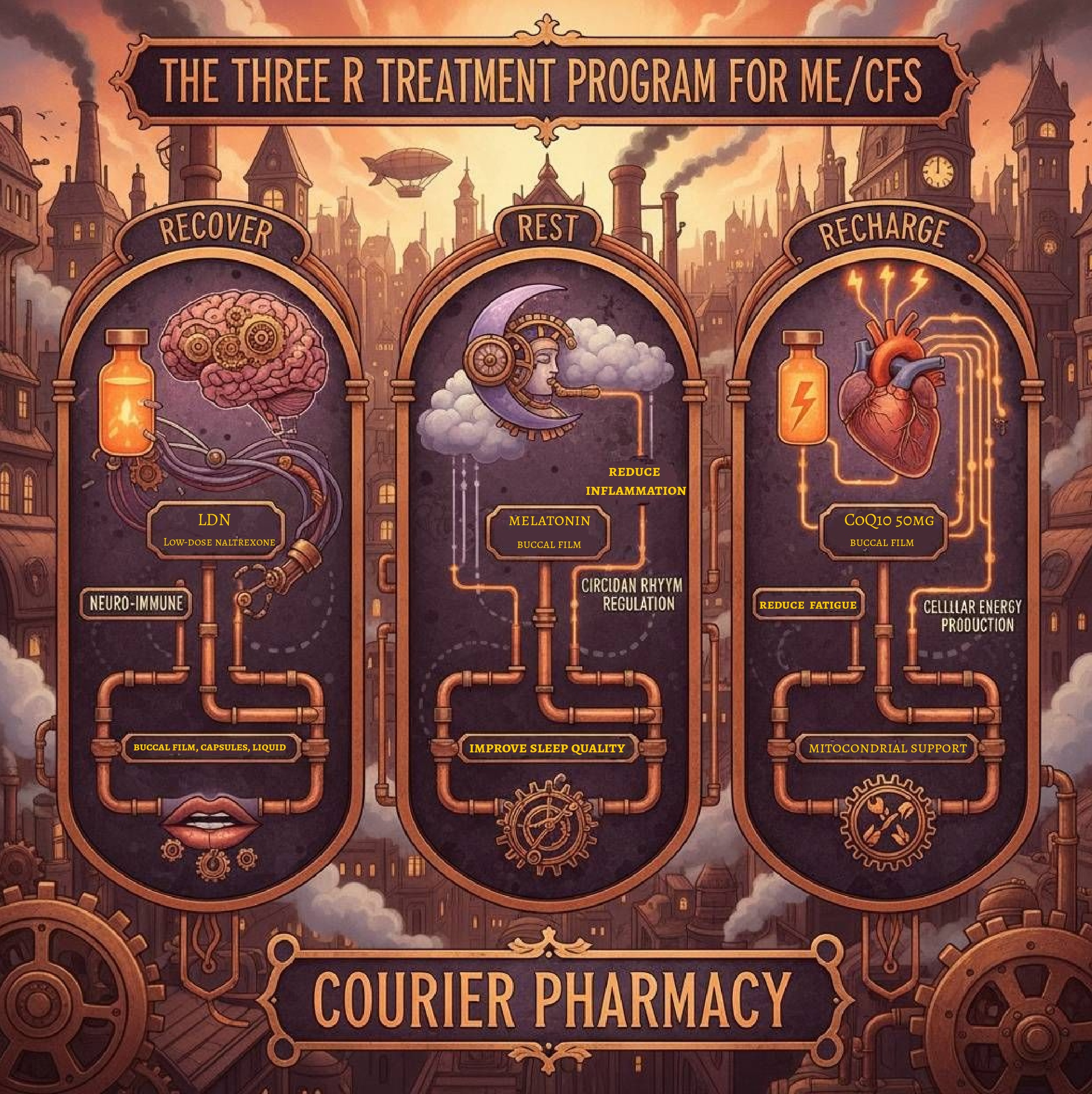 Steampunk-style infographic showing the Three R Treatment Program for ME/CFS—Recover, Rest, Recharge—featuring visual pathways for LDN, melatonin buccal film, and CoQ10, with icons for neuro-immune support, sleep improvement, reduced inflammation, and cellular energy production. An infographc by courierpharmacy.co.uk