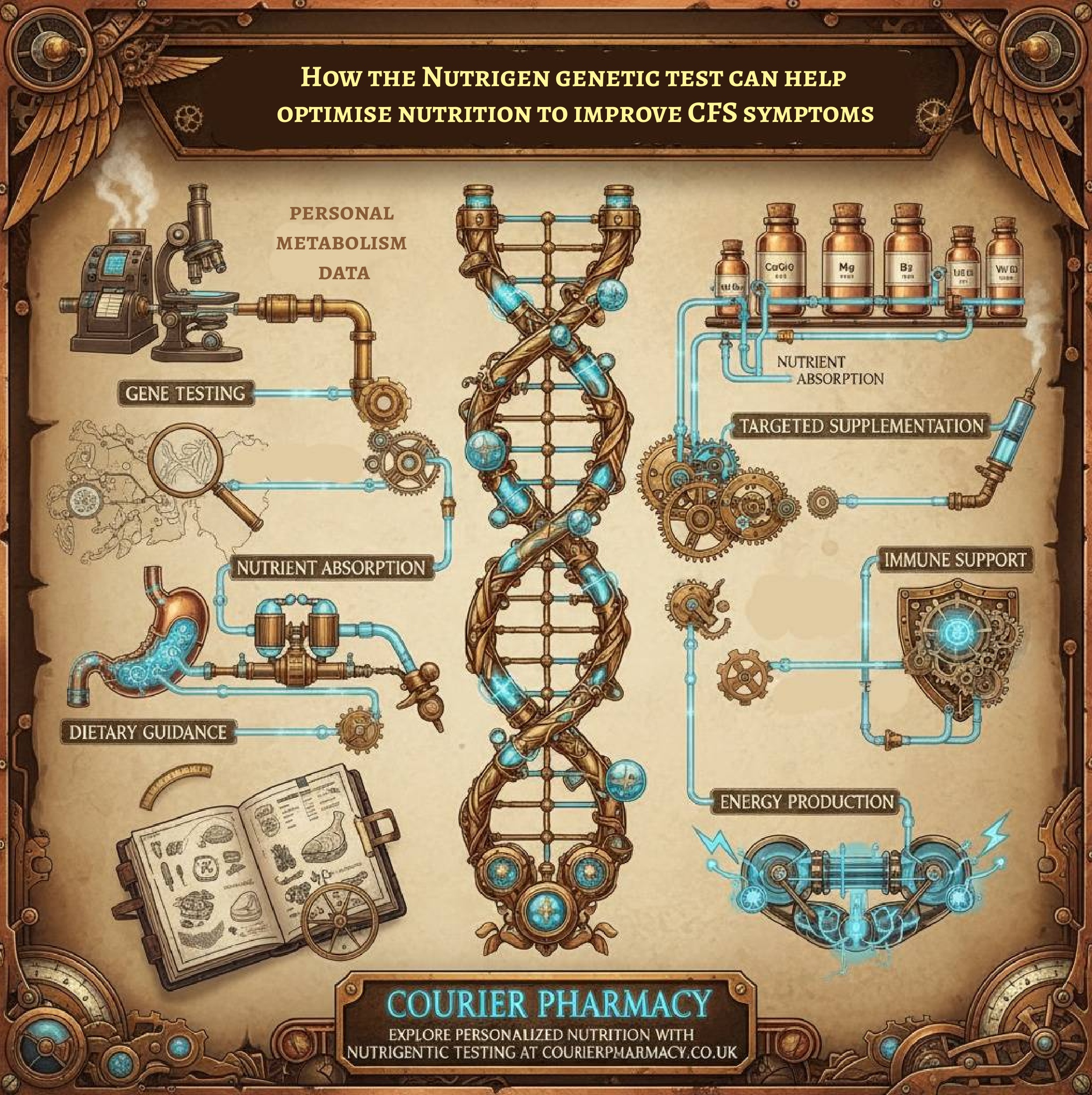 Steampunk-style infographic showing how nutrigenetic testing can help optimise nutrition for chronic fatigue syndrome, featuring a central DNA strand, gene testing, nutrient absorption, dietary guidance, targeted supplementation, immune support, and energy production, with branding for courierpharmacy.co.uk.