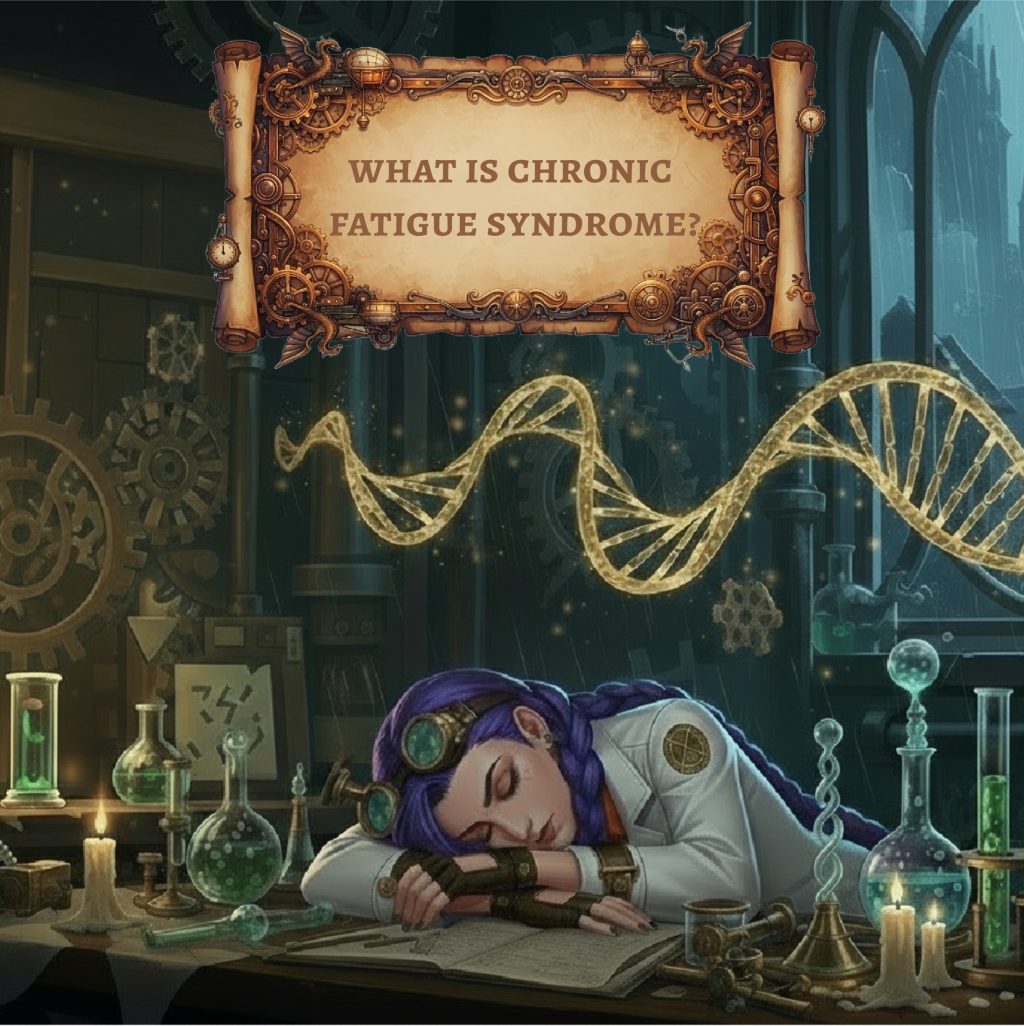 Dr. Rosalind Jex, with purple braids and steampunk goggles, rests her head on a laboratory desk surrounded by glowing glassware and candles, while a golden DNA helix floats above—conveying the fatigue and complexity of chronic fatigue syndrome, as featured by courierpharmacy.co.uk.