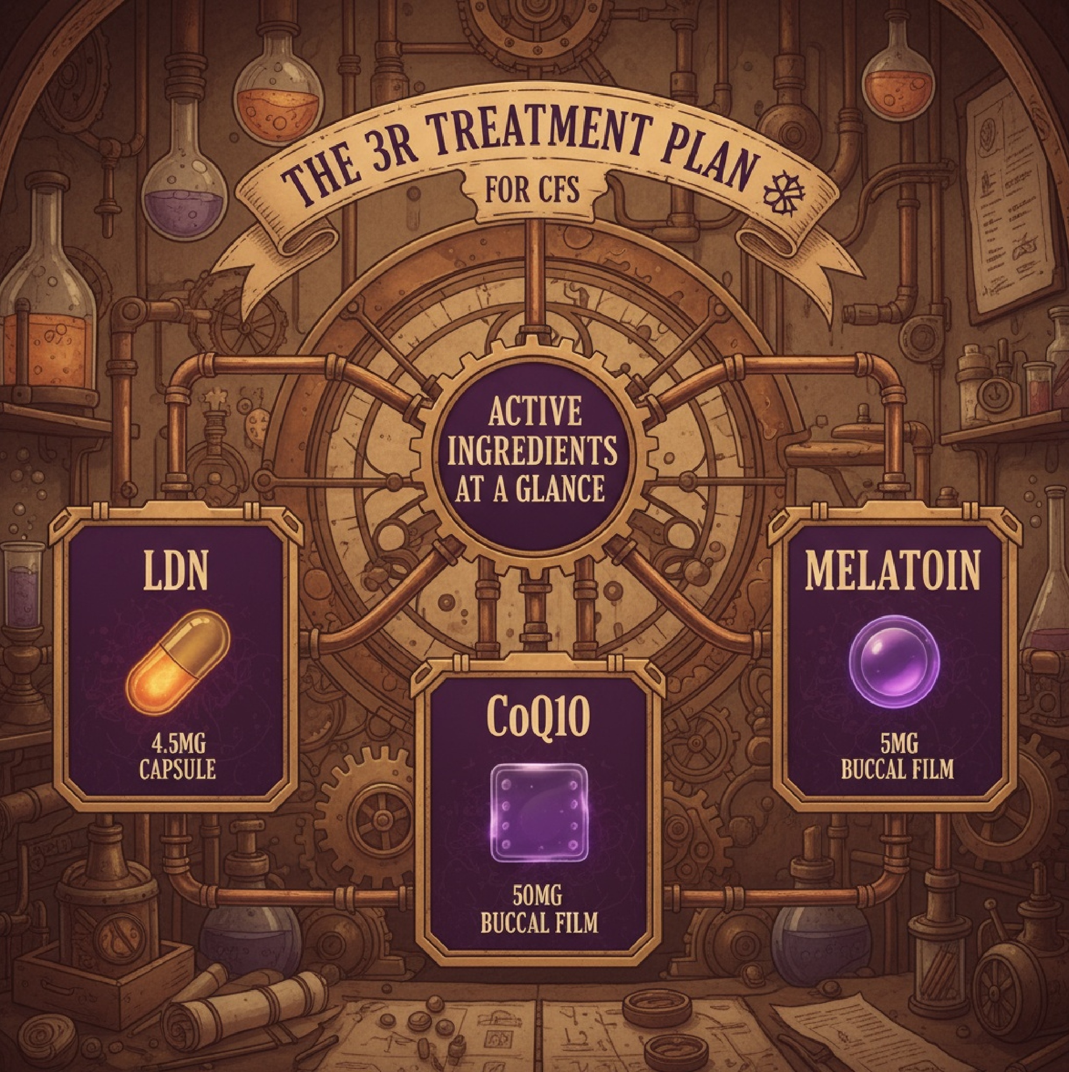 Steampunk-style infographic showing the active ingredients of the 3R treatment plan for CFS: Low Dose Naltrexone (4.5mg capsule), Coenzyme Q10 (50mg buccal film), and Melatonin (5mg buccal film), set against a detailed laboratory background. By courierpharmacy.co.uk
