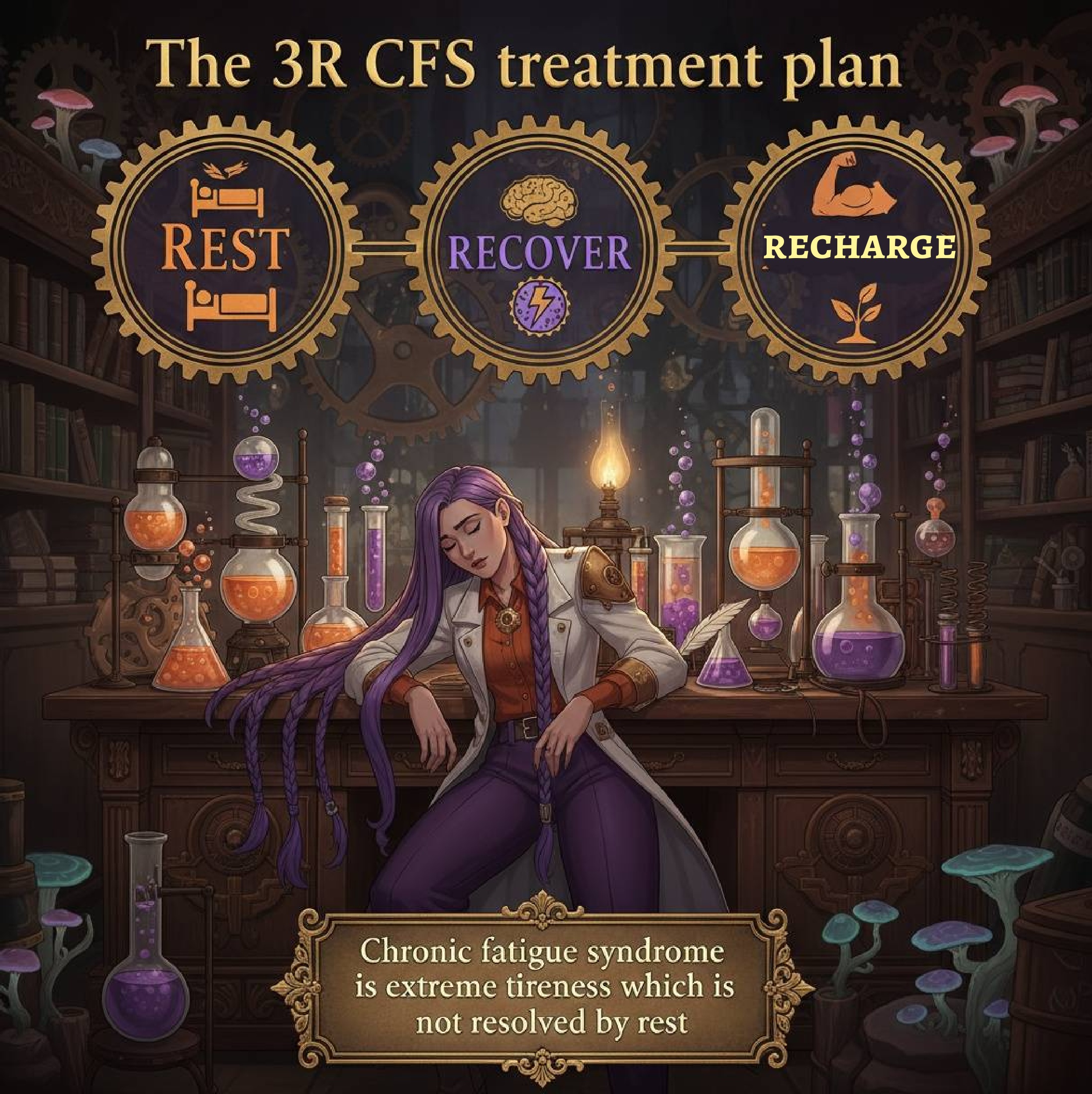 Dr. Rosalind Jex sits in her steampunk laboratory surrounded by beakers and test tubes, beneath icons for the 3R CFS treatment plan—Rest, Recover, Recharge—highlighting the challenge of chronic fatigue syndrome as tiredness not resolved by rest, for courierpharmacy.co.uk.