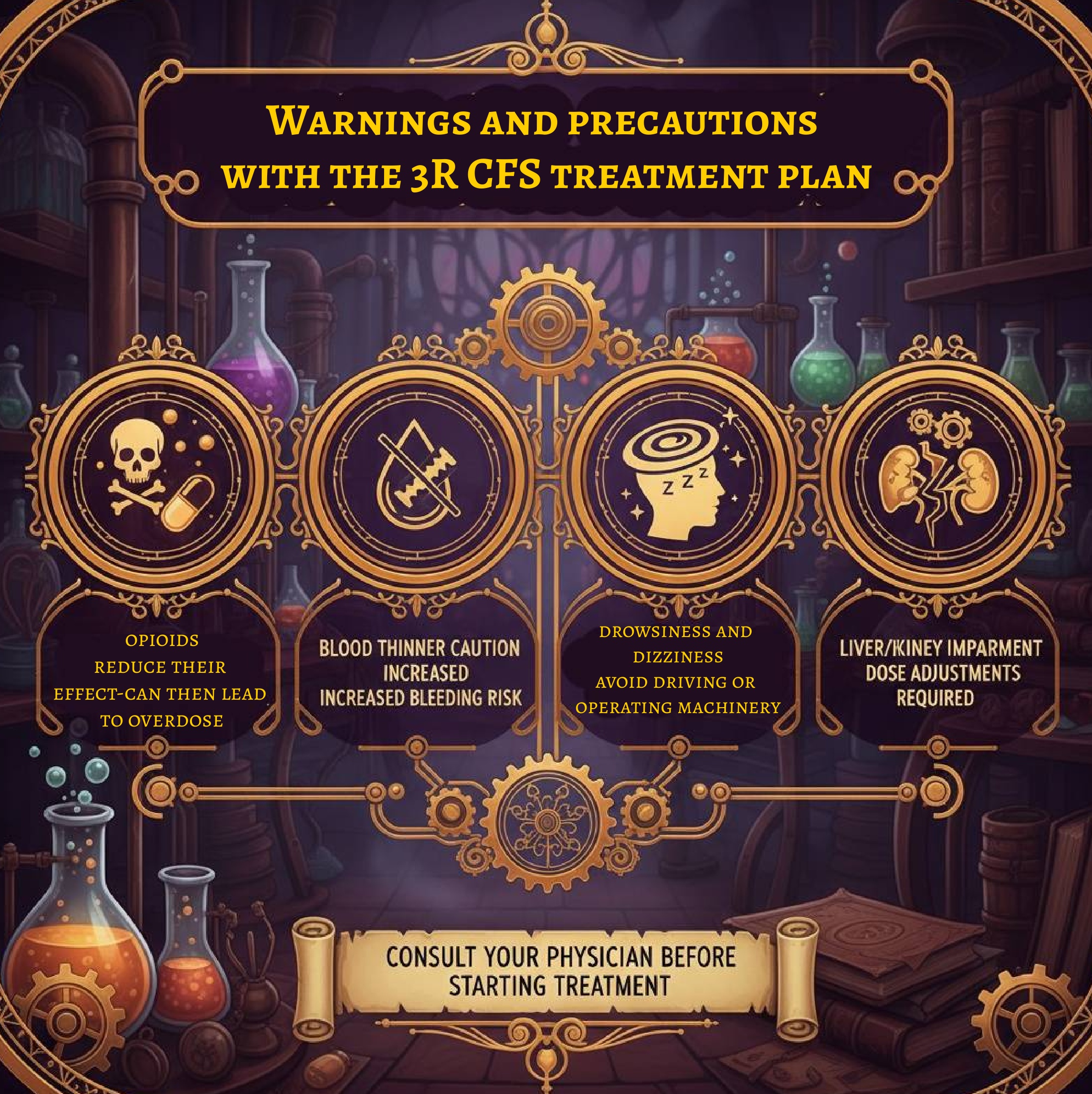 Steampunk-style infographic showing warnings and precautions for the 3R CFS treatment plan, with icons for opioid caution, blood thinner risks, drowsiness, and liver/kidney impairment, set in a laboratory with gears and glassware. By courierpharmacy.co.uk