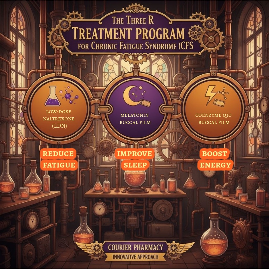 Infographic showing the Three R Treatment Program for chronic fatigue syndrome (CFS), featuring low-dose naltrexone, melatonin buccal film, and coenzyme Q10 buccal film, with benefits to reduce fatigue, improve sleep, and boost energy. Image from courierpharmacy.co.uk.