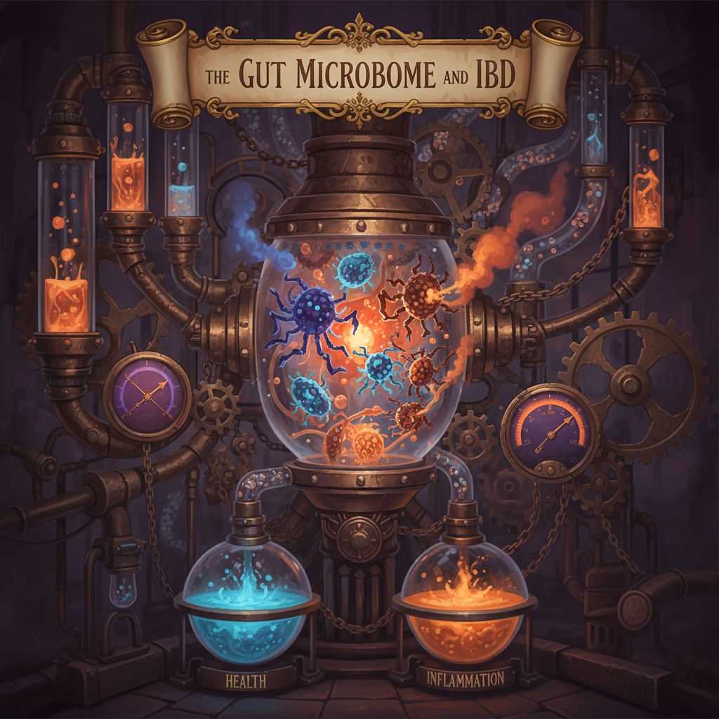 A detailed steampunk-style laboratory machine illustrating the gut microbiome and its role in inflammatory bowel disease (IBD). The machine shows blue bacteria representing health and orange bacteria representing inflammation, with pipes, gears, and gauges surrounding the central chamber. Image by courierpharmacy.co.uk.