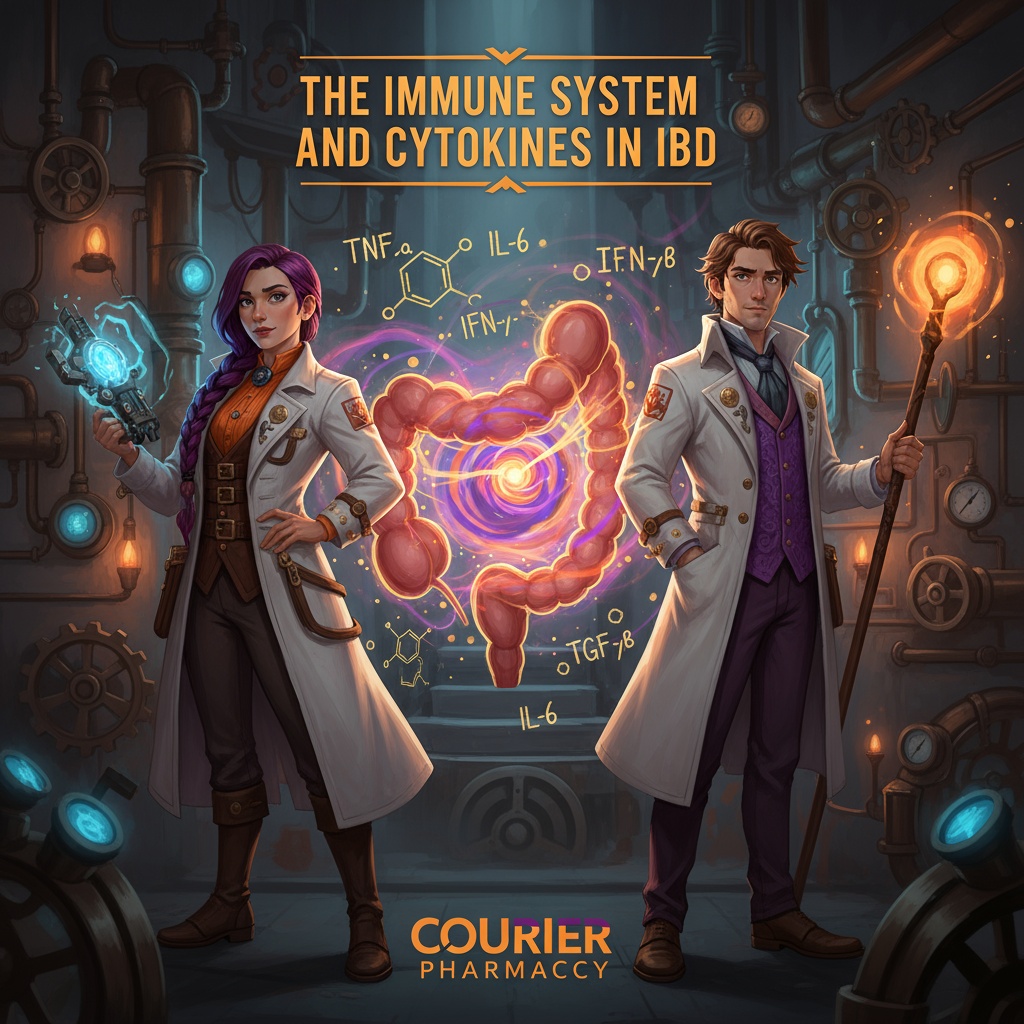 A male and female pharmacist in Victorian-inspired lab coats stand in a steampunk laboratory, flanking a glowing illustration of the gut with highlighted cytokines (TNF, IL-6, IFN-?, TGF-?) representing the immune system’s role in IBD. Image by courierpharmacy.co.uk.