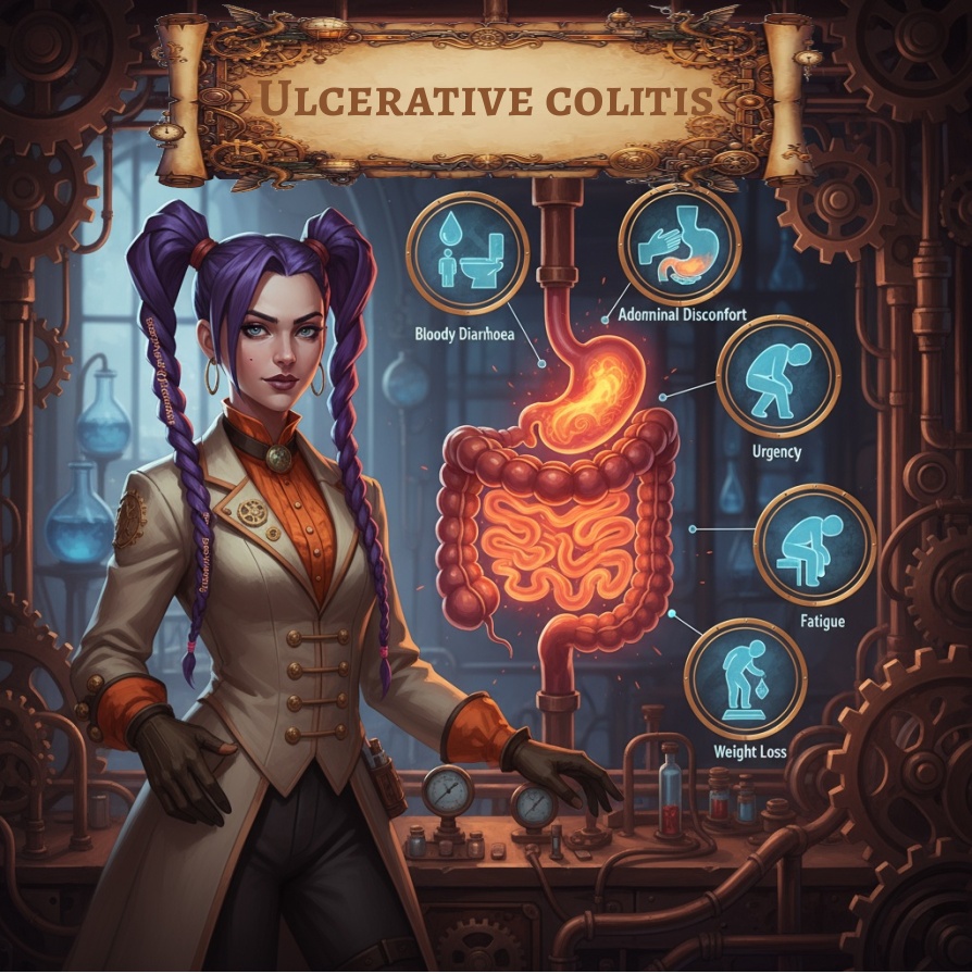 A female pharmacist in a Victorian-inspired lab coat stands beside a glowing diagram of the colon, highlighting inflammation typical of ulcerative colitis. Icons show key symptoms: bloody diarrhoea, abdominal discomfort, urgency, fatigue, and weight loss. Image by courierpharmacy.co.uk.