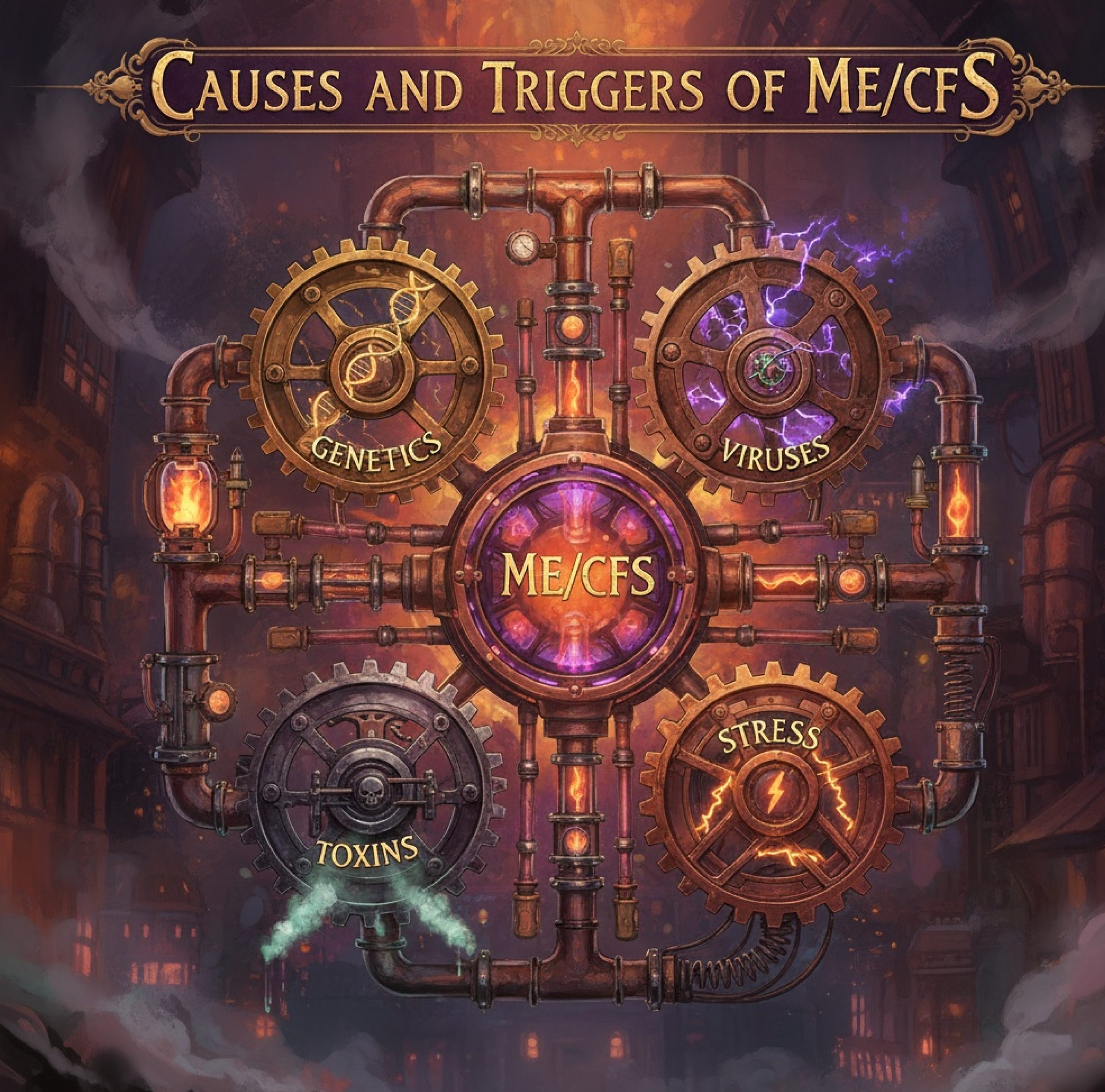 Steampunk-style infographic showing the main causes and triggers of chronic fatigue syndrome (ME/CFS): genetics, viruses, toxins, and stress. Image from courierpharmacy.co.uk.