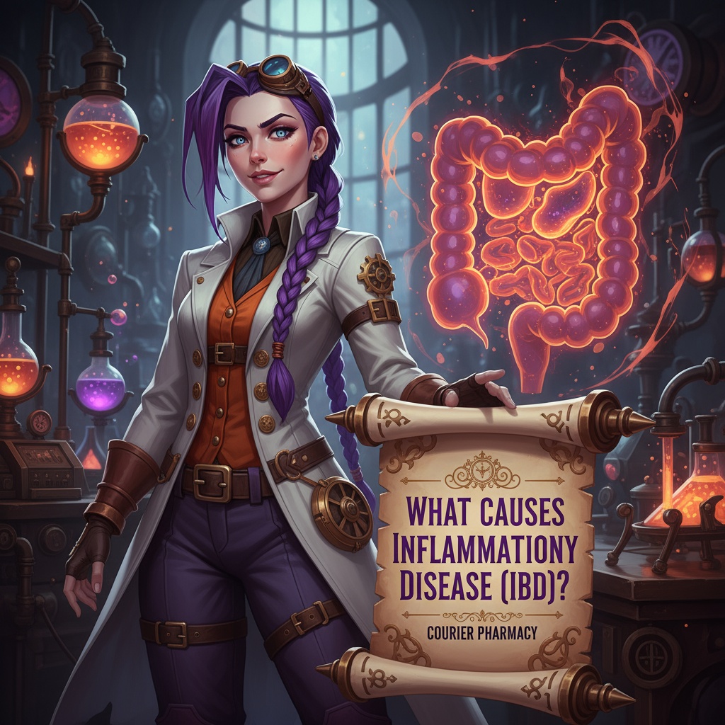Image showing a pharmacist character next to a glowing illustration of the human digestive system, holding a scroll titled "What causes inflammatory bowel disease (IBD)?" from courierpharmacy.co.uk.