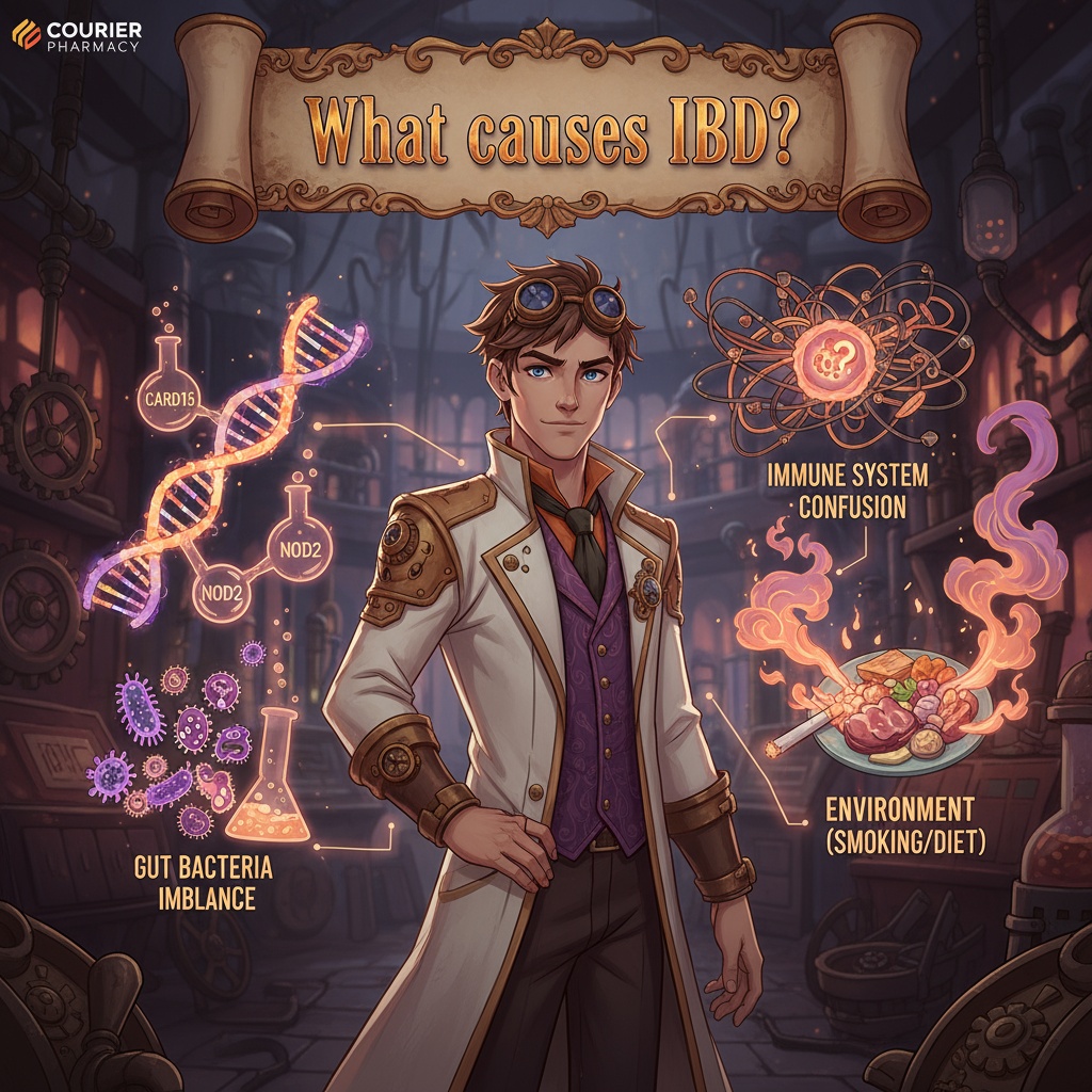 A male pharmacist in a Victorian-inspired lab coat stands in a steampunk laboratory, surrounded by illustrated causes of inflammatory bowel disease (IBD): genetic factors (CARD15, NOD2), gut bacteria imbalance, immune system confusion, and environmental triggers like smoking and diet. Infographic by courierpharmacy.co.uk.