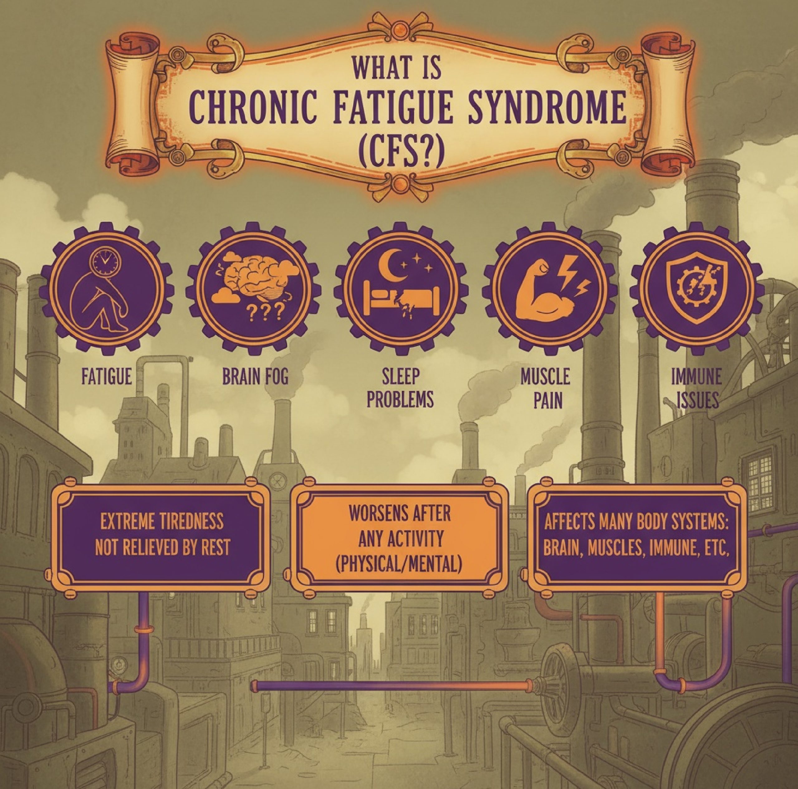 Infographic illustrating key symptoms of chronic fatigue syndrome (CFS), including fatigue, brain fog, sleep problems, muscle pain, and immune issues. Image from courierpharmacy.co.uk.