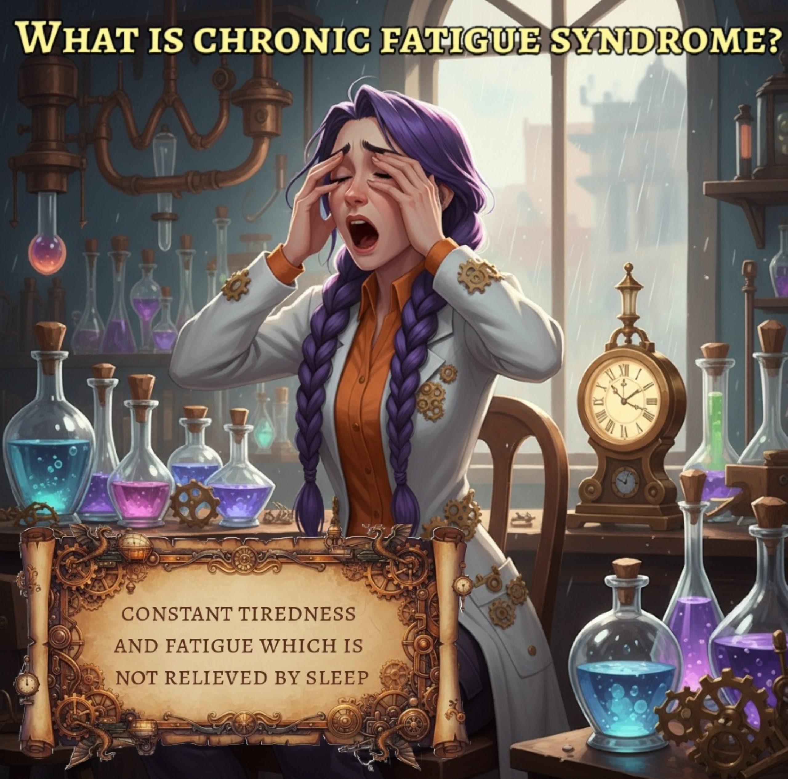 Dr. Rosalind Jex, brand ambassador for Courier Pharmacy, yawning and rubbing her eyes in a steampunk laboratory, surrounded by bottles and clocks, illustrating the constant tiredness and fatigue of chronic fatigue syndrome. Image from courierpharmacy.co.uk.