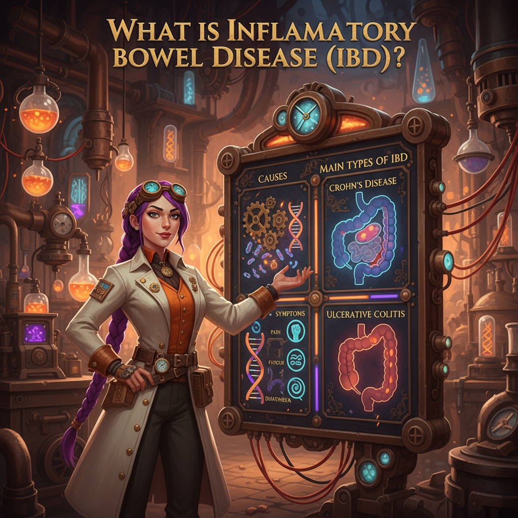 A confident female pharmacist with two long purple braids stands in a Victorian steampunk laboratory, pointing to a glowing board that explains the causes, symptoms, and main types of inflammatory bowel disease (IBD), including Crohn’s disease and ulcerative colitis. Infographic by courierpharmacy.co.uk.