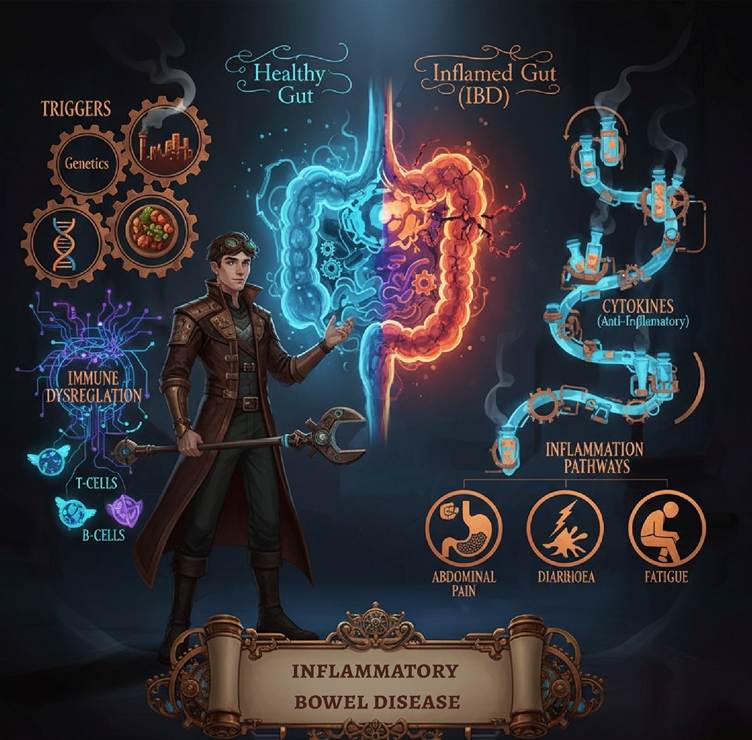The infographic shows a detailed digestive tract from mouth to anus, highlighting inflammation hotspots such as strictures, fistulas, ulcers, granulomas, and the terminal ileum. It includes glowing icons representing key cytokines (IL-12, IL-17, TNF-alpha, IFN-gamma) and immune cells (antigen-presenting cells, macrophages, Th1 cells). The title “Crohn’s disease” is displayed on an ornate steampunk scroll. The background is a moody, painterly Arcane-inspired lab setting. This visual aids understanding of Crohn’s disease immune mechanisms and gut inflammation for patients and healthcare professionals.This art has been created by courierpharmacy.co.uk