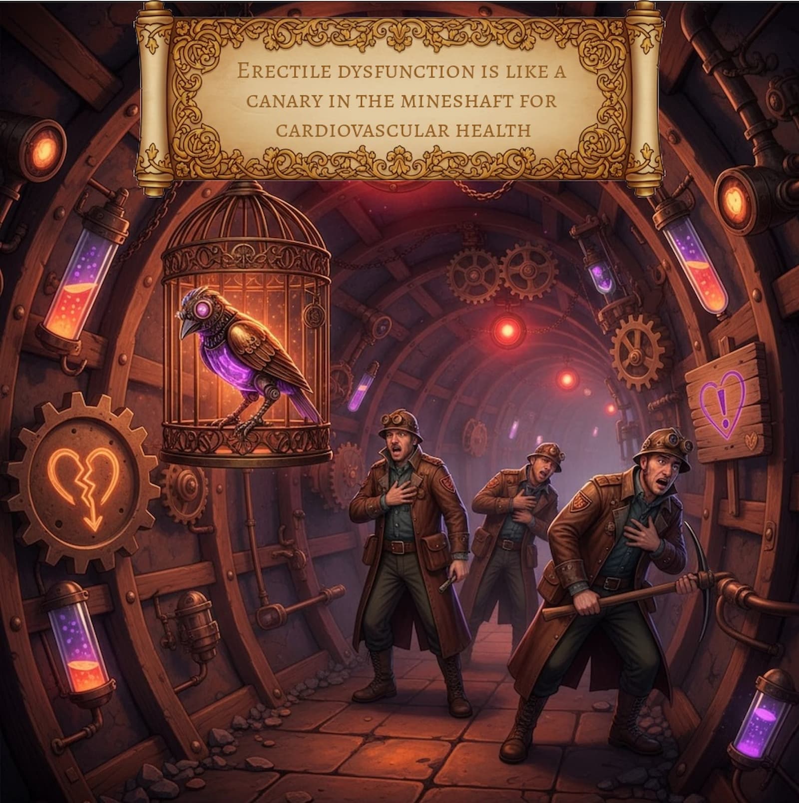 Steampunk-style infographic showing a mechanical canary in a brass cage hanging inside a mineshaft tunnel. Three miners in vintage gear are clutching their chests, alarmed by a flashing red warning light. The tunnel walls feature glowing symbols for erectile dysfunction and heart disease risk. More at https://courierpharmacy.co.uk