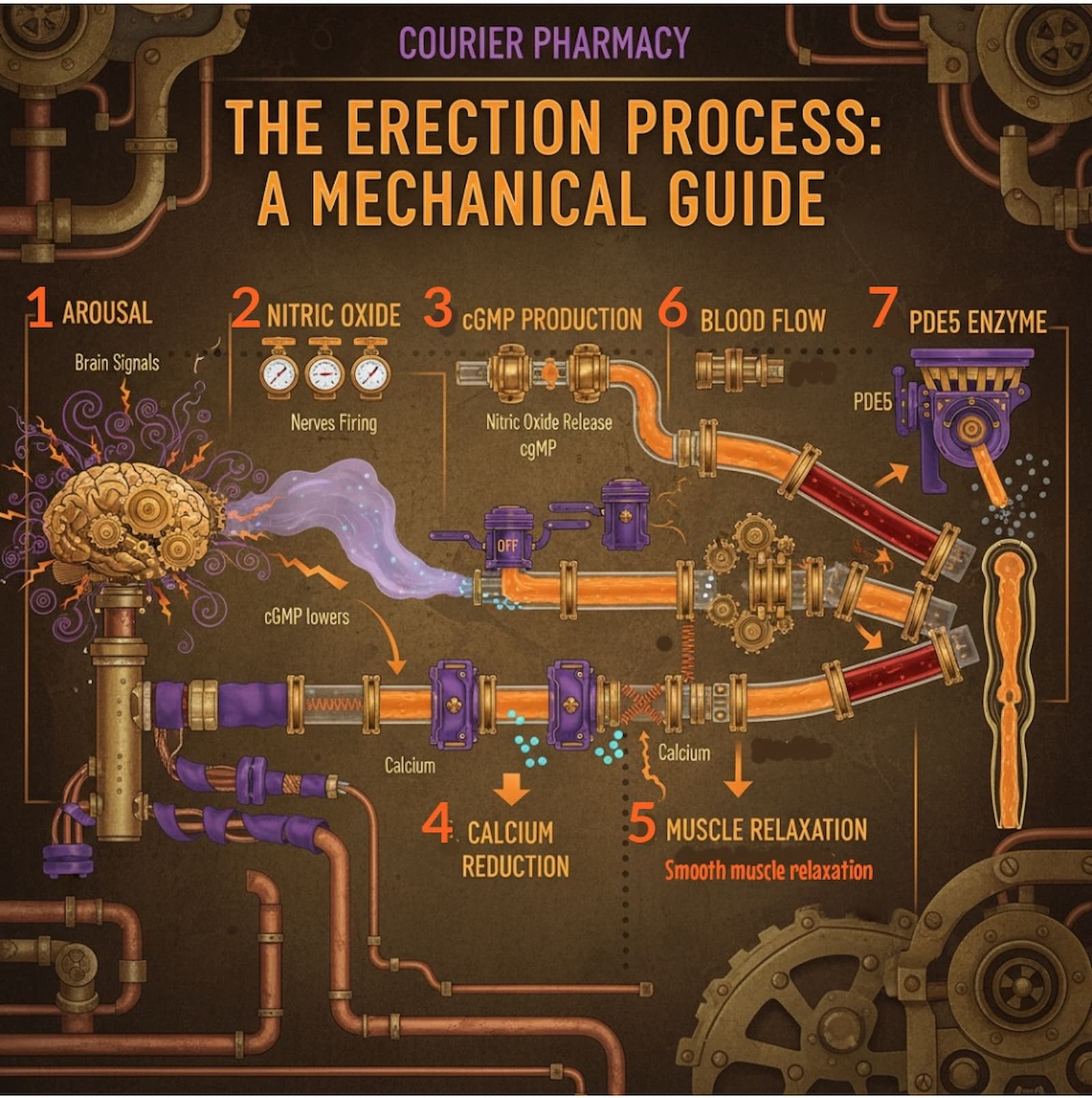 A steampunk-style infographic illustrating the erection process as a mechanical guide. It shows brain signals triggering nitric oxide release, cGMP production, calcium reduction, muscle relaxation, increased blood flow, and PDE5 enzyme activity. The image visually explains the biological steps behind an erection relevant to understanding how Tadalafil 5mg works. More at https://courierpharmacy.co.uk