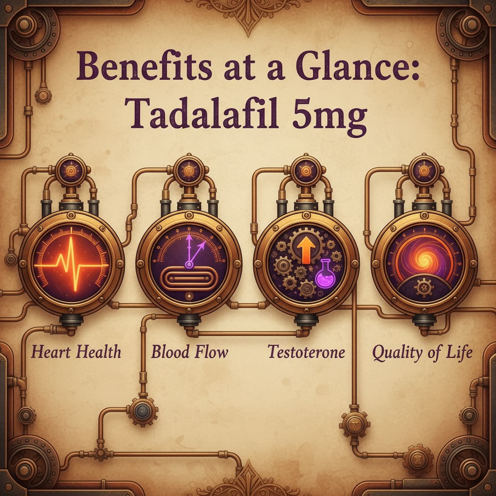 Steampunk-style infographic showing four ornate gauges labelled Heart Health, Blood Flow, Testosterone, and Quality of Life, illustrating the key benefits of Tadalafil 5mg tablets. Pipes and gears connect the gauges, symbolising the interconnected effects of the medication. More info at https://courierpharmacy.co.uk