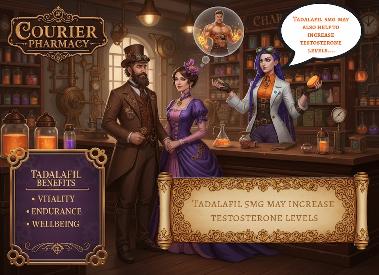 Dr. Rosalind Jex, with signature purple braids and a white lab coat, stands behind the counter of a steampunk pharmacy, holding a tadalafil tablet and explaining its benefits to a couple in Victorian attire. The woman imagines a muscular man in a thought bubble. The scene highlights the potential of tadalafil 5mg to increase testosterone levels. Find out more at https://courierpharmacy.co.uk