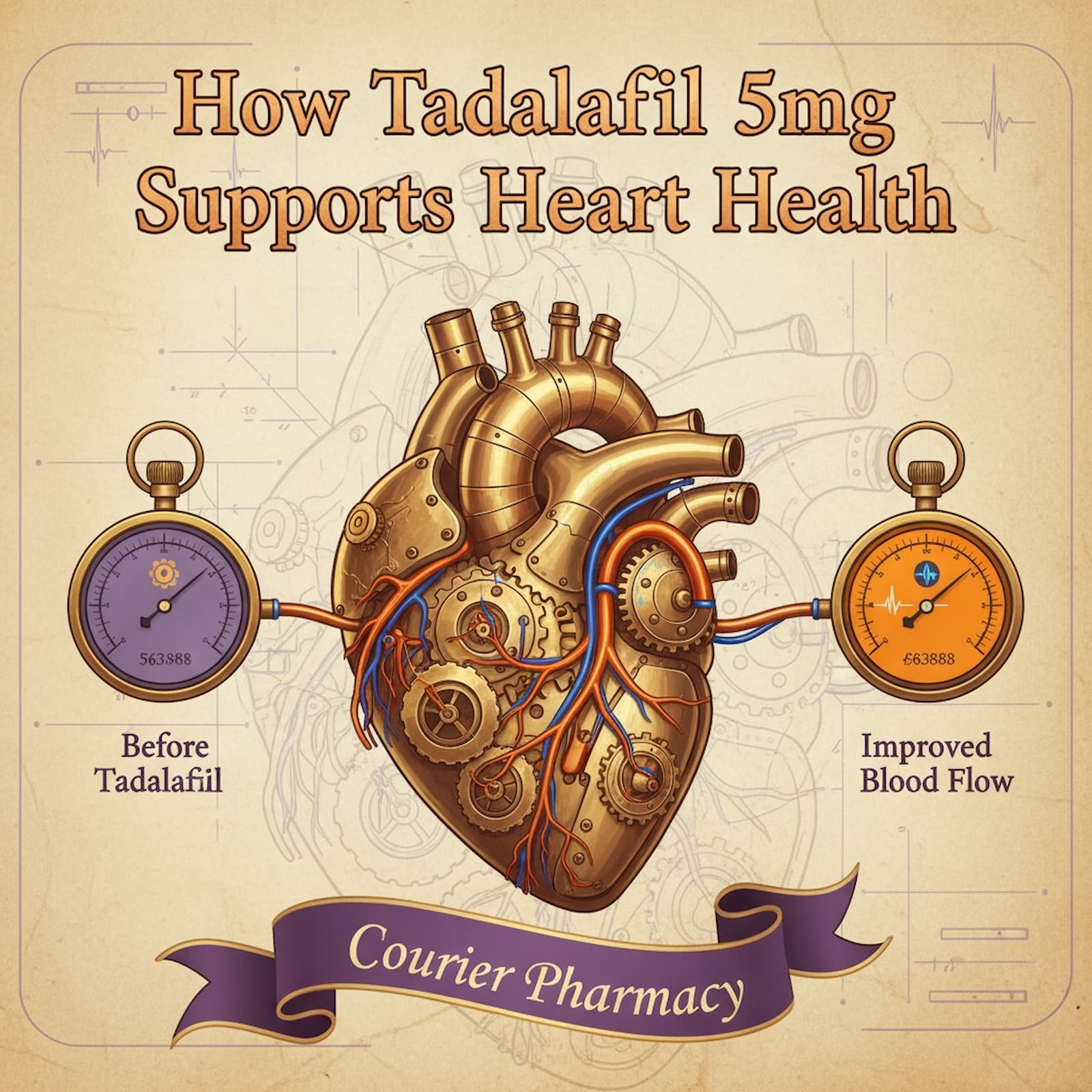 A steampunk-inspired heart made of brass gears and pipes, connected to two vintage stopwatches. The left stopwatch is purple and labelled "Before Tadalafil", while the right is orange and labelled "Improved Blood Flow". The image visually represents how Tadalafil 5mg supports heart health for men with diabetes and cardiovascular risk. Find out more at https://courierpharmacy.co.uk