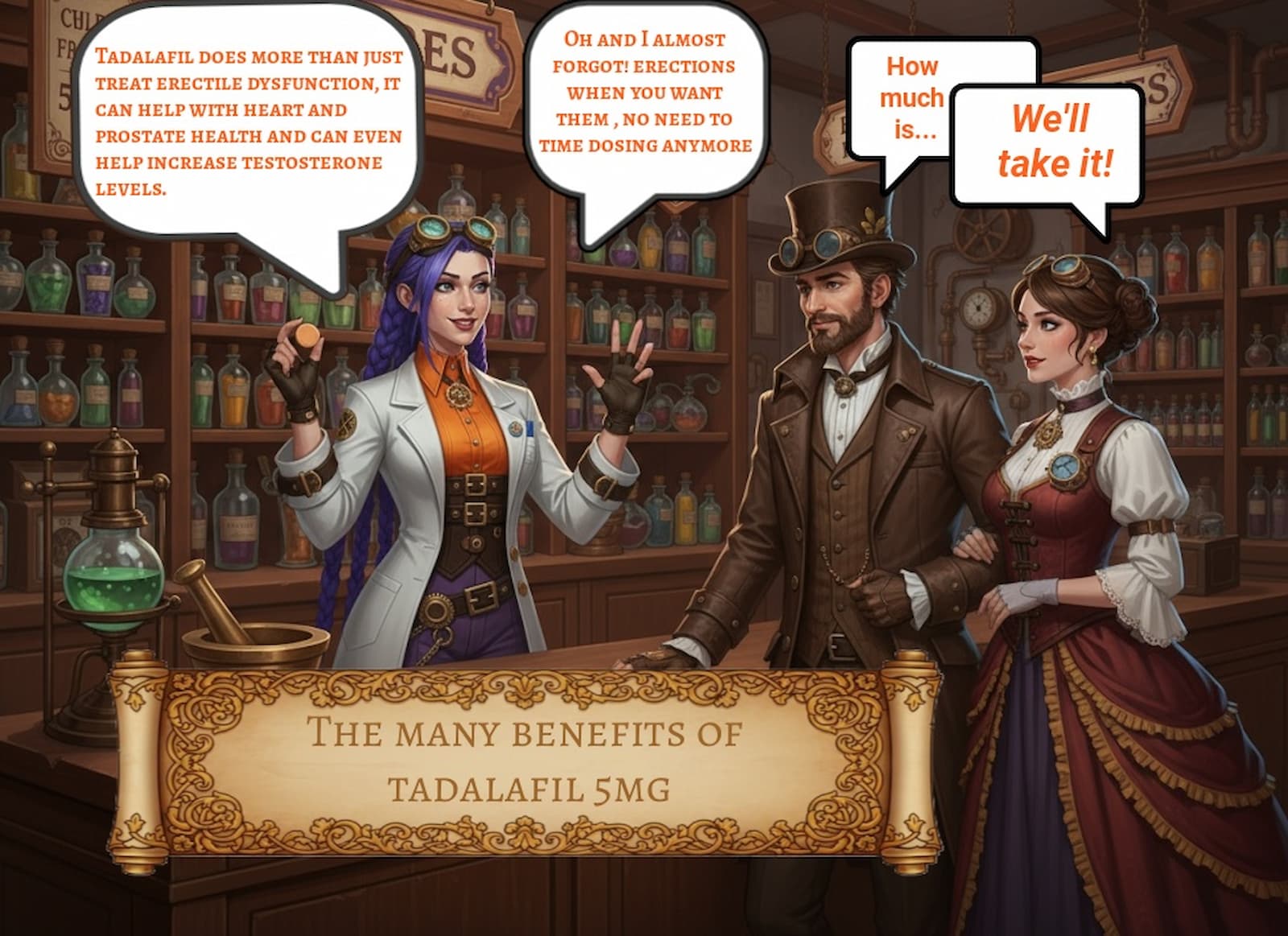 Dr. Rosalind Jex, with long purple braids and a white lab coat, stands behind the counter in a steampunk pharmacy, holding up a tadalafil tablet and counting on her fingers as she explains the benefits to a man and his wife in Victorian steampunk attire. The pharmacy shelves are lined with colourful potion bottles and vintage equipment. Speech bubbles highlight the diverse benefits of tadalafil 5mg. Learn more at https://courierpharmacy.co.uk