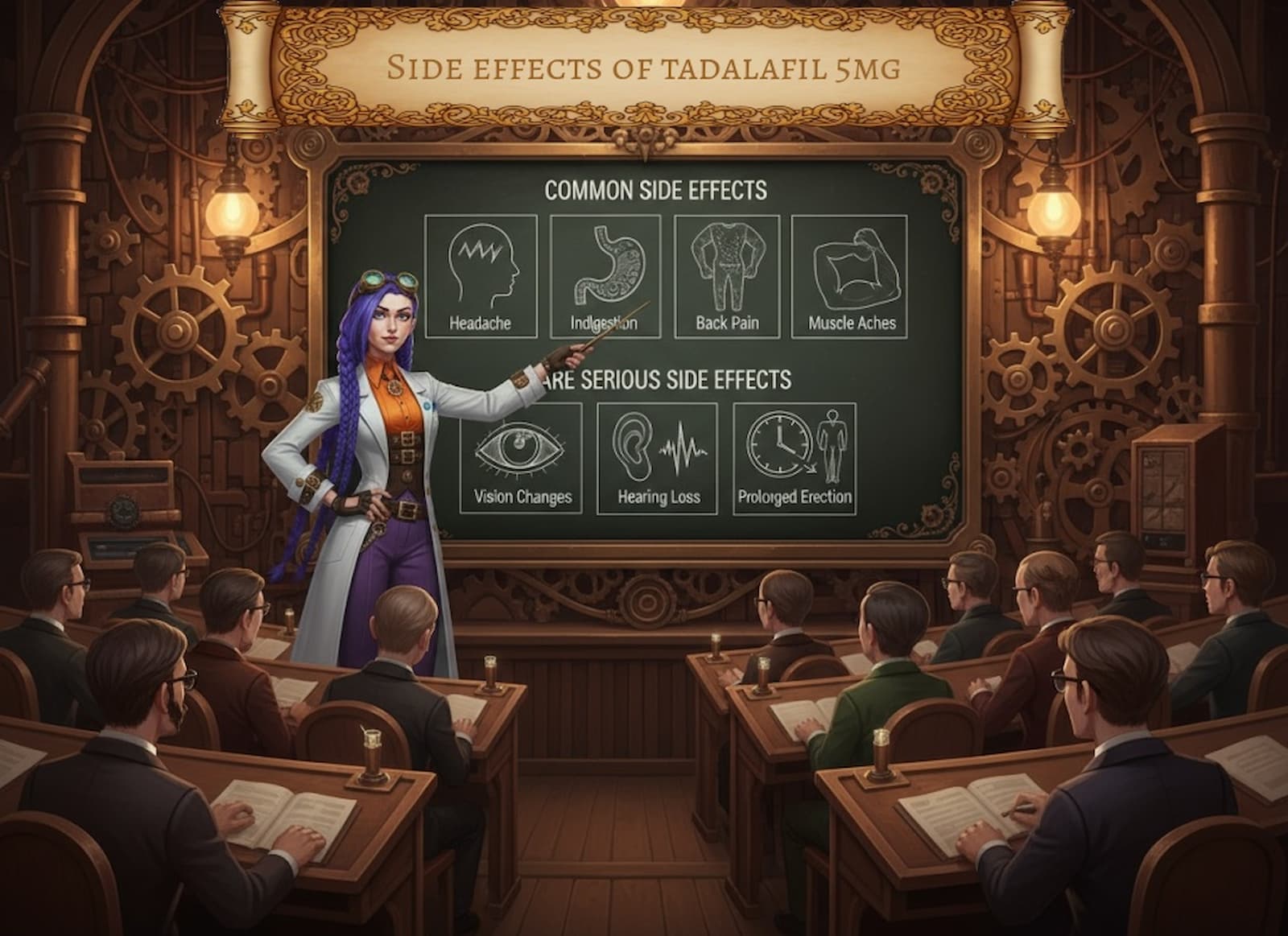 Dr. Rosalind Jex stands at the front of a steampunk lecture theatre, pointing to a blackboard that illustrates the common and rare side effects of tadalafil 5mg tablets. The blackboard shows icons for headache, indigestion, back pain, muscle aches, vision changes, hearing loss, and prolonged erection. Students in Victorian attire take notes. More at https://courierpharmacy.co.uk